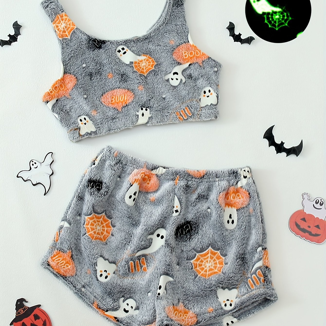 Halloween Luminous Pattern Flannel Gray Women's Pajama Vest Set