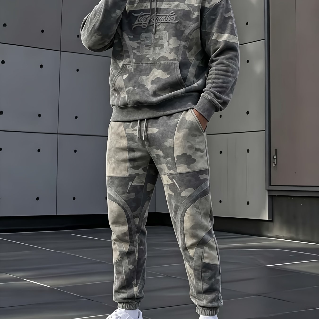 Image of Men 2pcs Hoodie Jogger Tracksuit, Holiday Full-print, -block, City Badge Slogan, Faded Paisley, Washed Camo, Casual Fall Outfit For Men