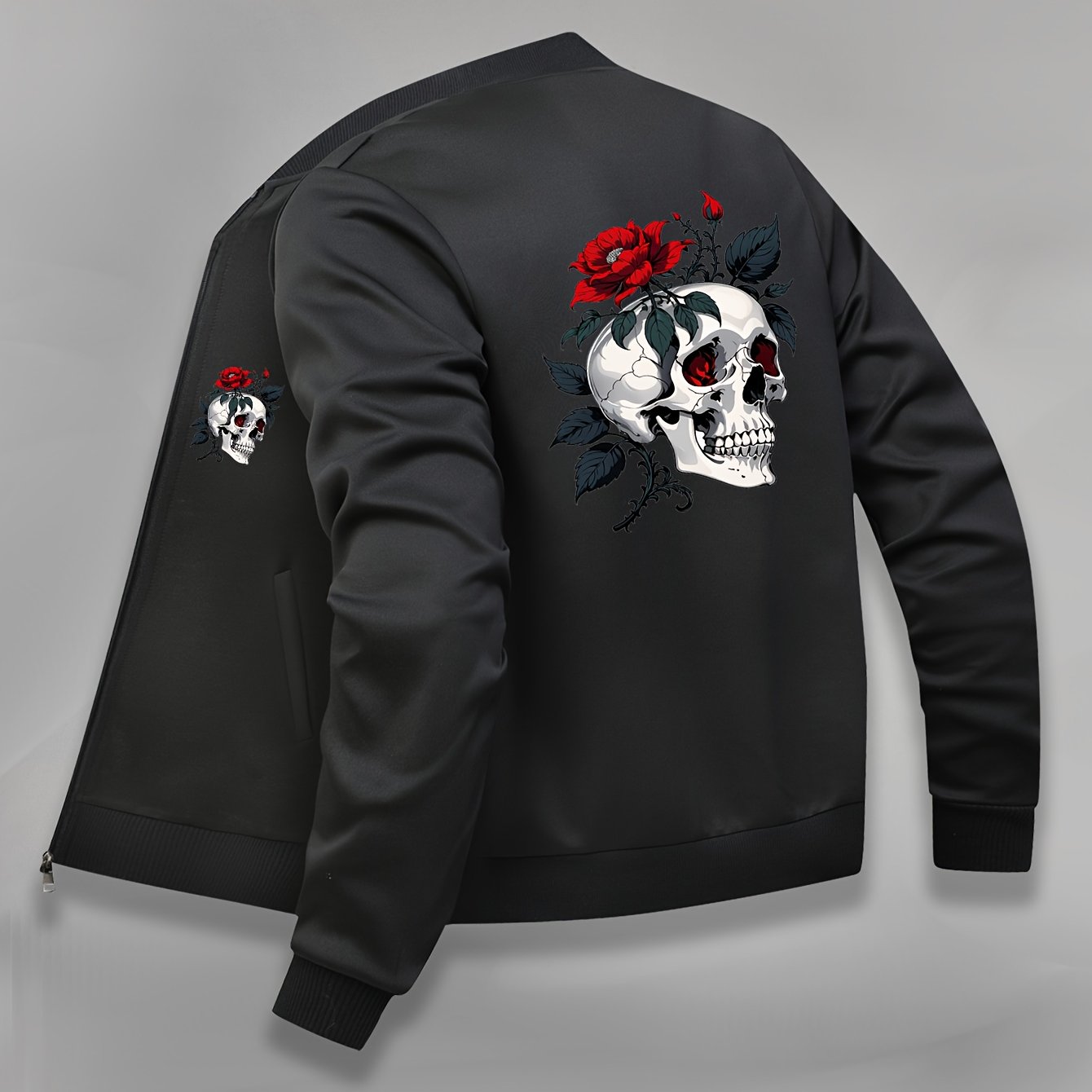TEMU Women's Graphic Print - Casual Long Sleeve Zip-up With Pockets, Black Gothic Skull & , Fall/winter Outdoor Activities, Zippered Bomber Jacke
