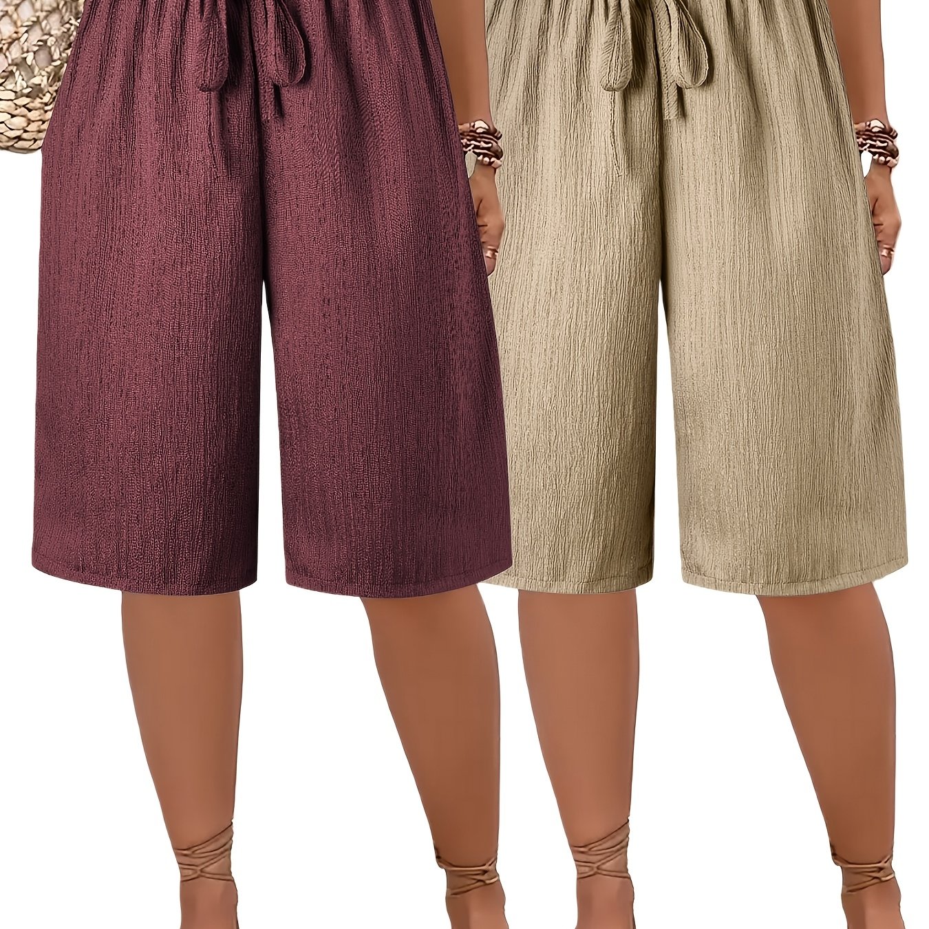 TEMU Plus Size - Plus Size - 2pcs Plus Size Women's Casual Vacation Shorts Beach Pants Breathable Fabric