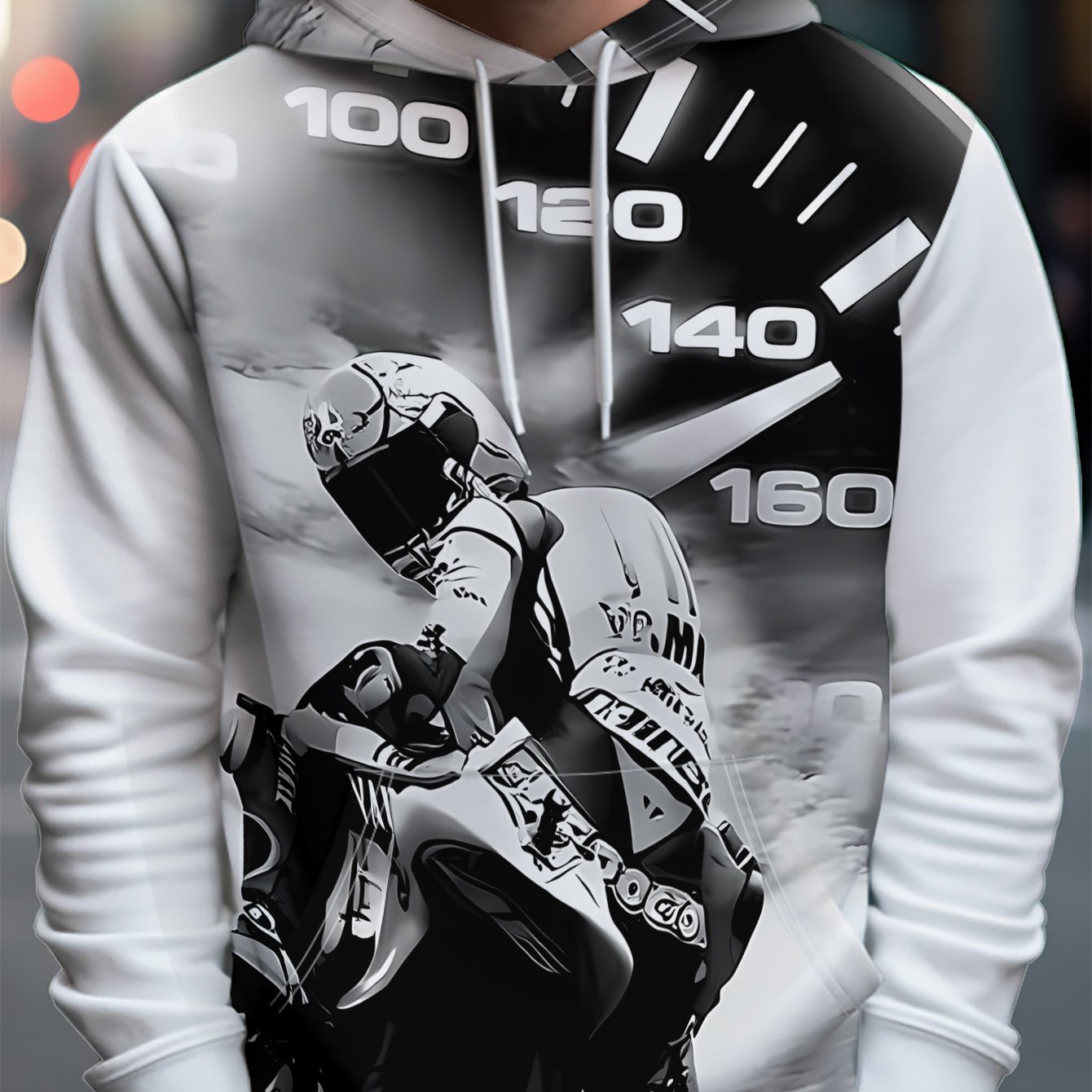 TEMU Spring/autumn Men's Casual Hooded Pullover Sweatshirt, Individual Motorcycle Speedometer Print Trendy Versatile Top