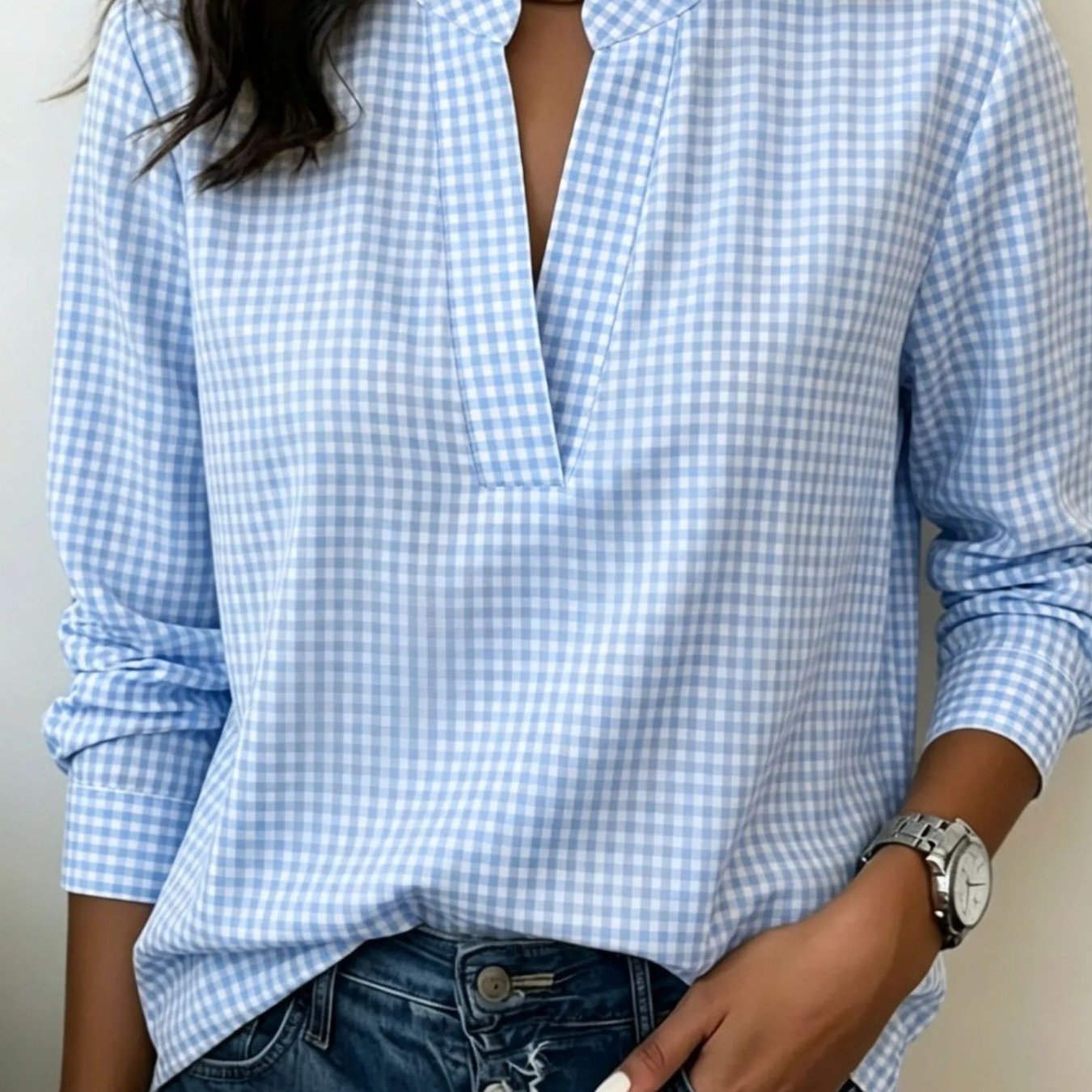 Women's Elegant Long-sleeved Checked Shirt With Loose Collared Top