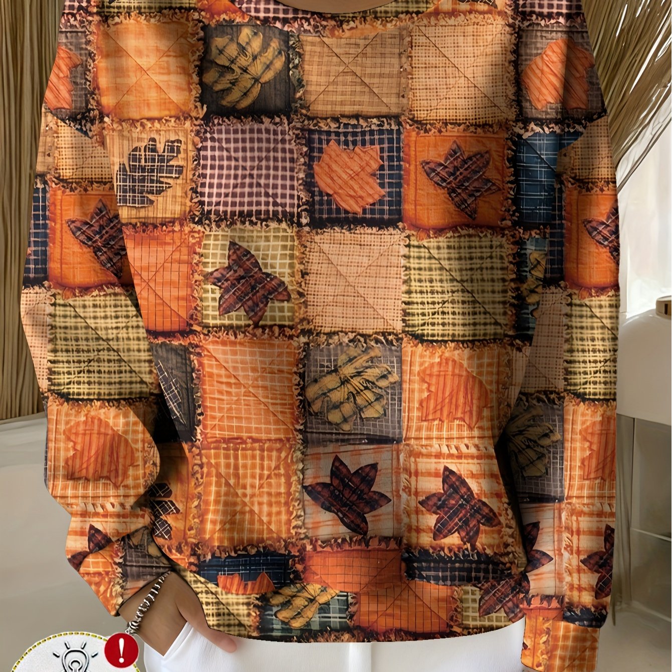 TEMU Plus Size, Plus Size Casual Round Neck Women's Sweatshirt - Spring/autumn Daily Plaid Maple Leaf Print Women's Plus Size Pullover - No