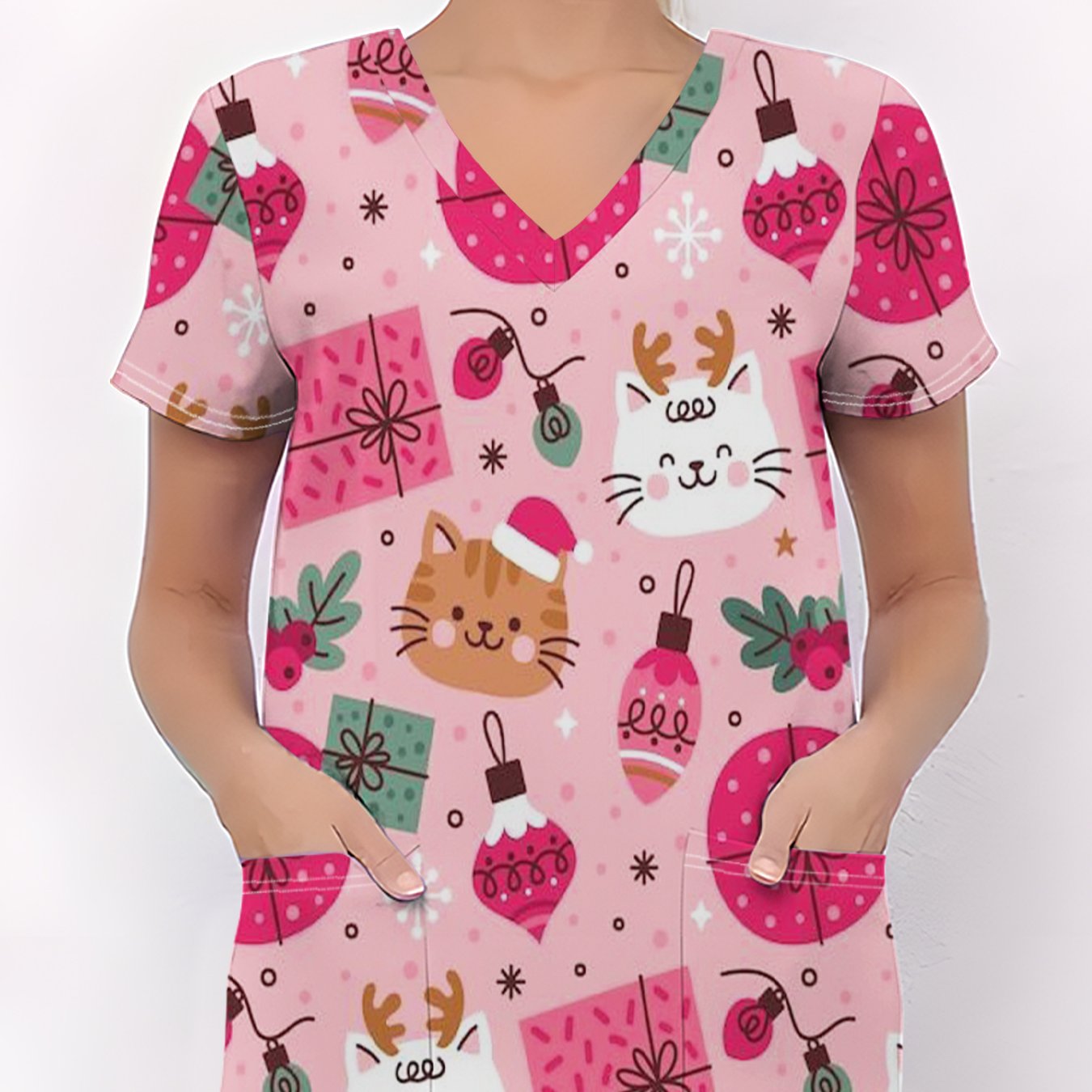TEMU Women's Fashion V-neck Short-sleeve Uniform With Pockets, Featuring Vivid Cartoon Elements, Breathable , Suitable For And Daily Use. Comfortable