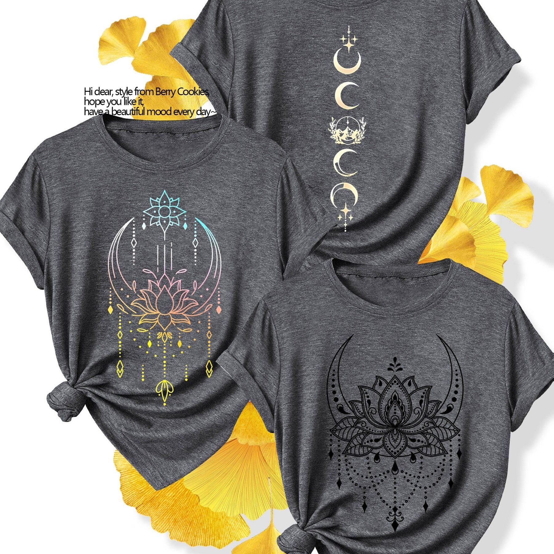 TEMU Three-pack Moon For Lotus Gradient Print Fashionable And Elegant Women's Spring, Summer, Autumn Daily , Vacation, Versatile Casual Sporty Style