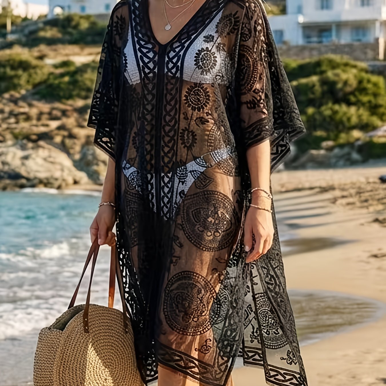 Plus Size, New Patterned Cover-up Shirt: Cross-border, Fashionable, Breathable, High-end Feel, Versatile, Transparent, Sexy Top