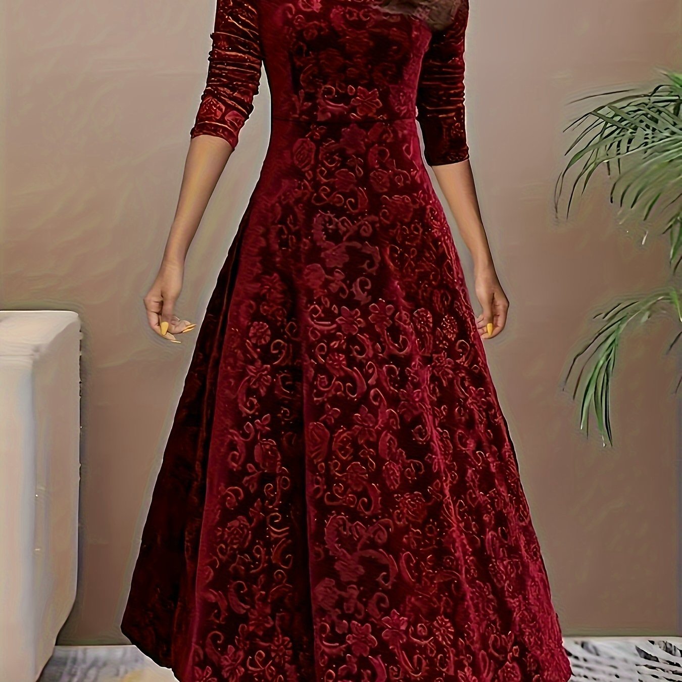 Image of Directional Style Velvet Floral Pattern Long Sleeve Dress New Year Elegant Square Neck Dress