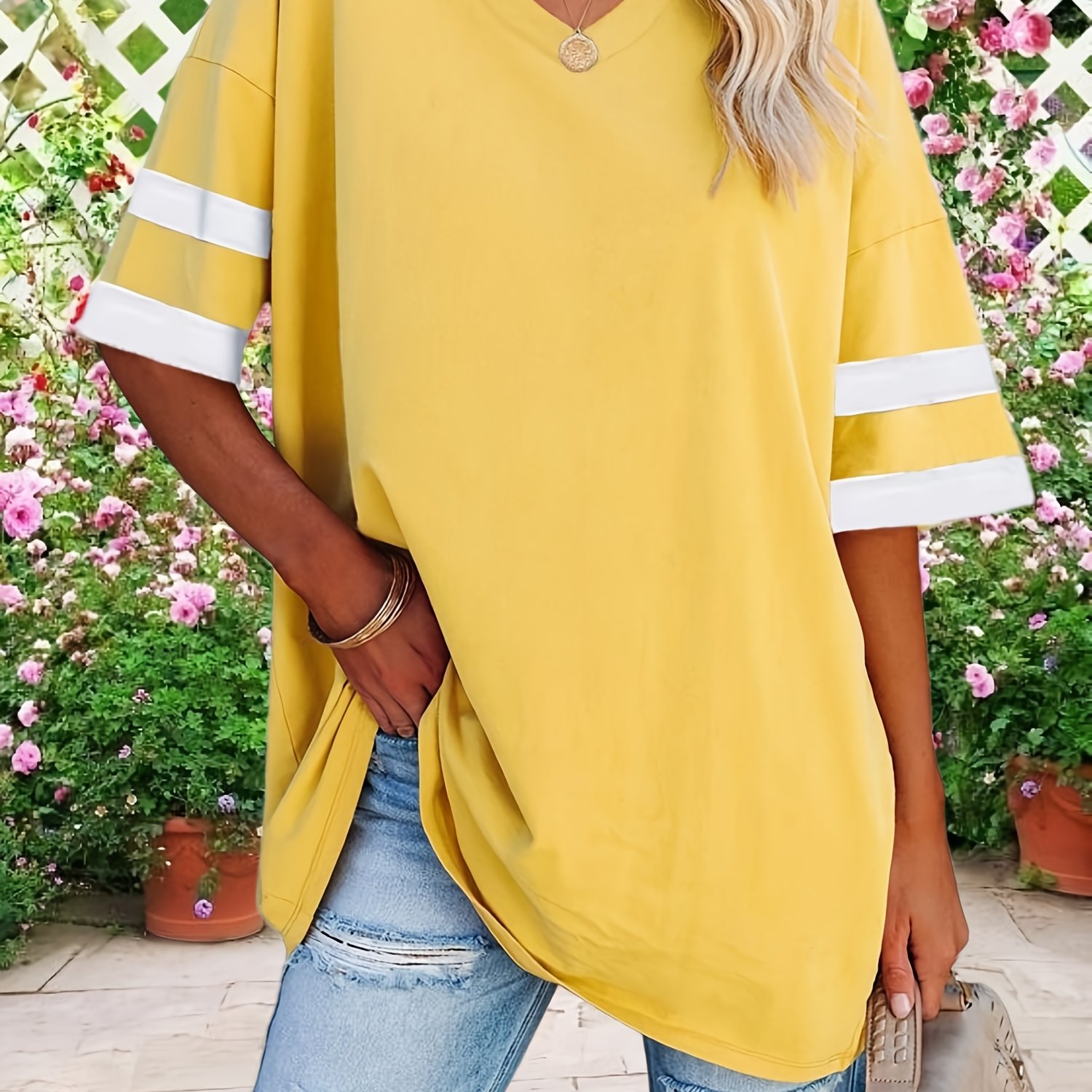 Image of Plus Size, Womens Fashion Oversized Tshirts V Neck Tee Shirts Half Sleeve Loose Fit T Shirt Cotton Tunic Tops 2025