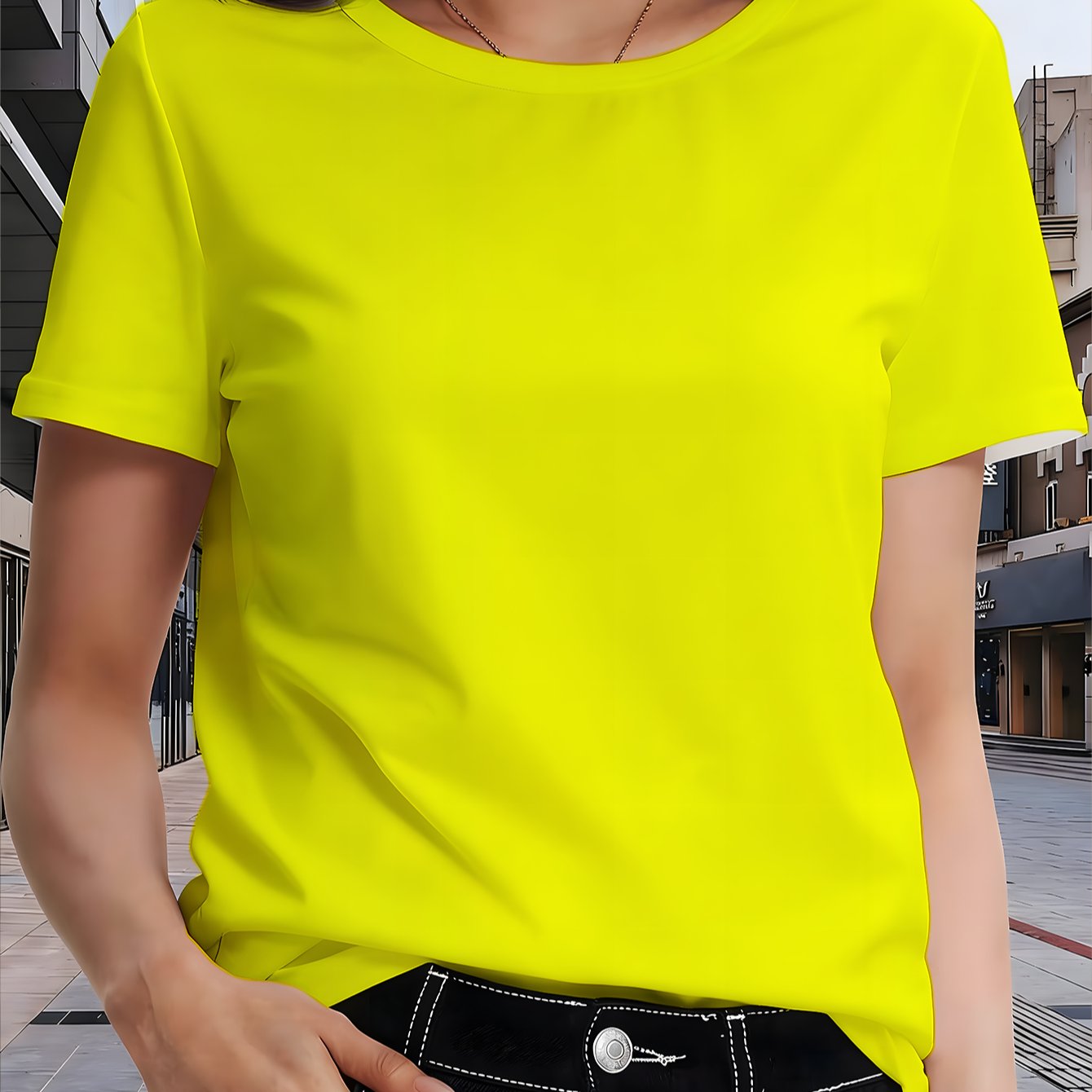 TEMU Women' Bright Fluorescent Yellow T-shirt - Base Layer Top With Round Neck Short Sleeve, Loose Fit Suitable For Spring/summer, Machine Washable
