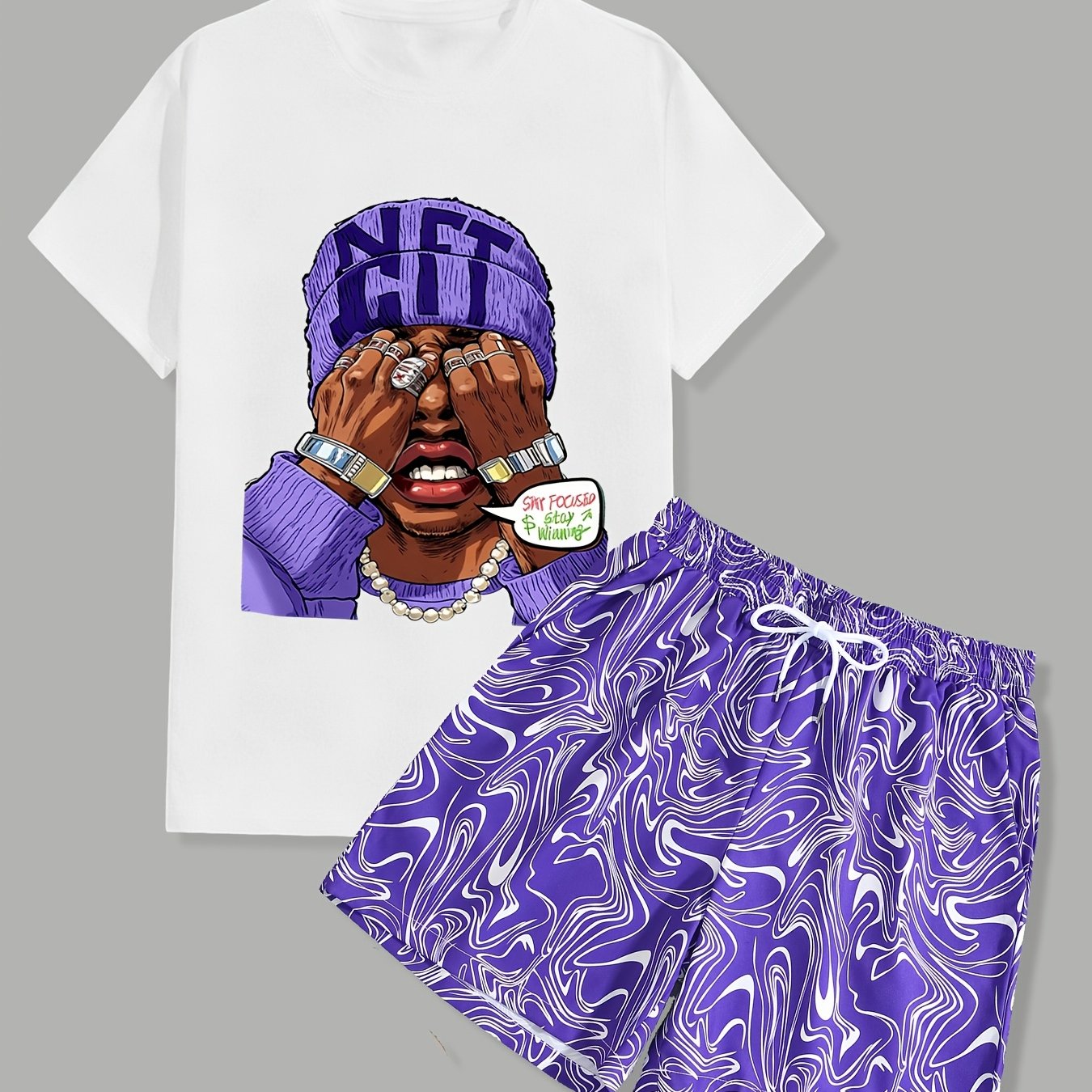 TEMU Ensemble Homme 2 pièces : T-Shirt Col Rond Manches Courtes + Short de Plage à Poches et Cordon