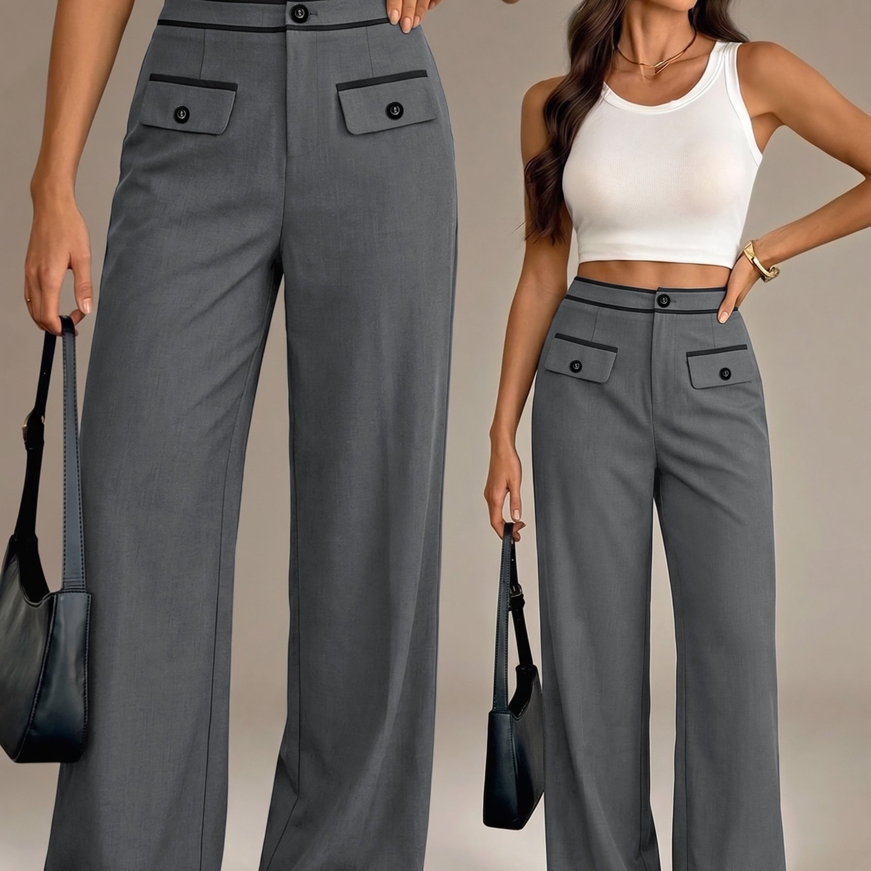 TEMU Women's Contrast High-waist Straight Leg Trousers With Fake Pockets And Half-elastic Waistband, Drape Elegant Style Women's Suit Trousers