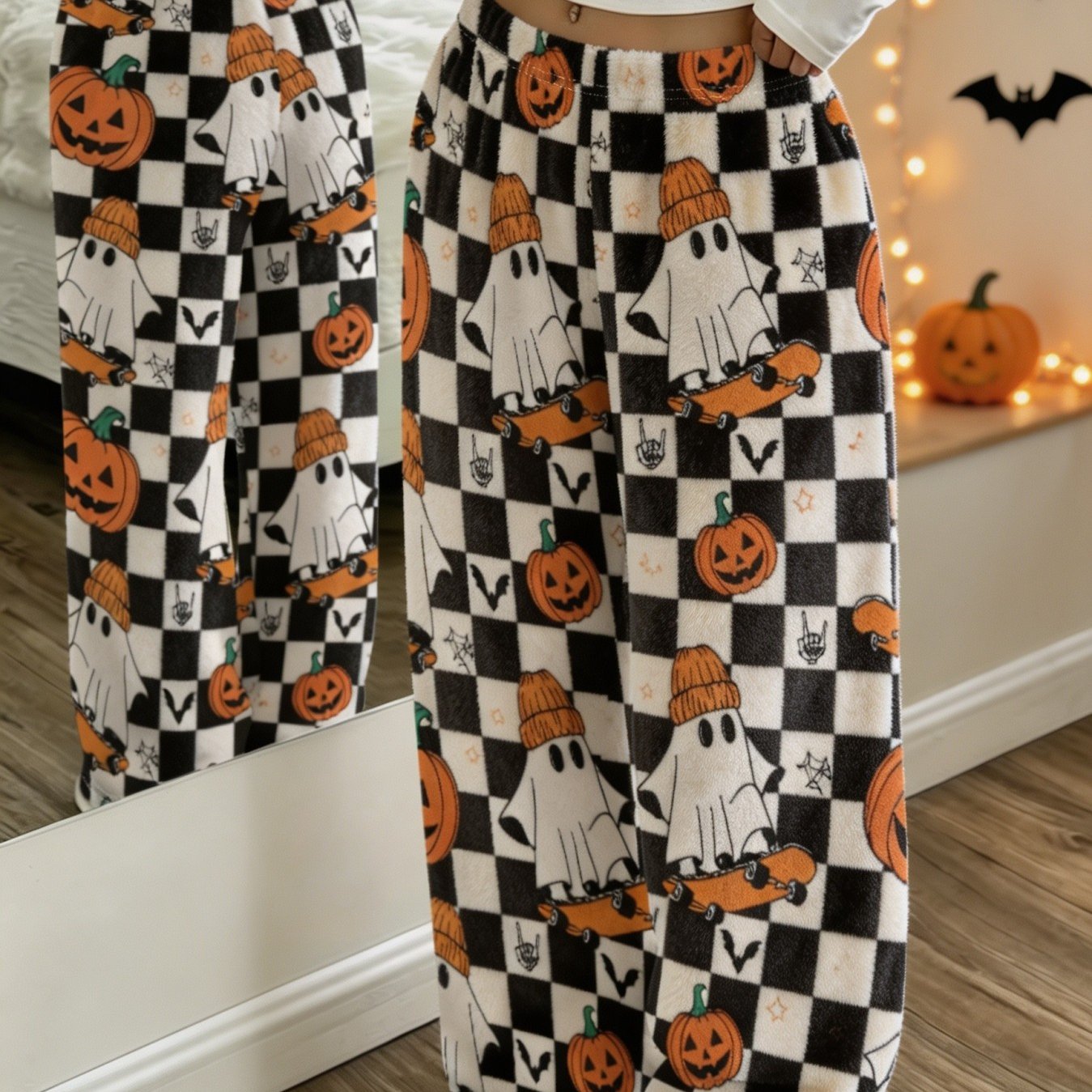 TEMU Homewear Sleepwear Single-piece Wide-leg Loungewear Pants, Skateboard Pumpkin Checkerboard Halloween Print, Women's Autumn/winter Thickened