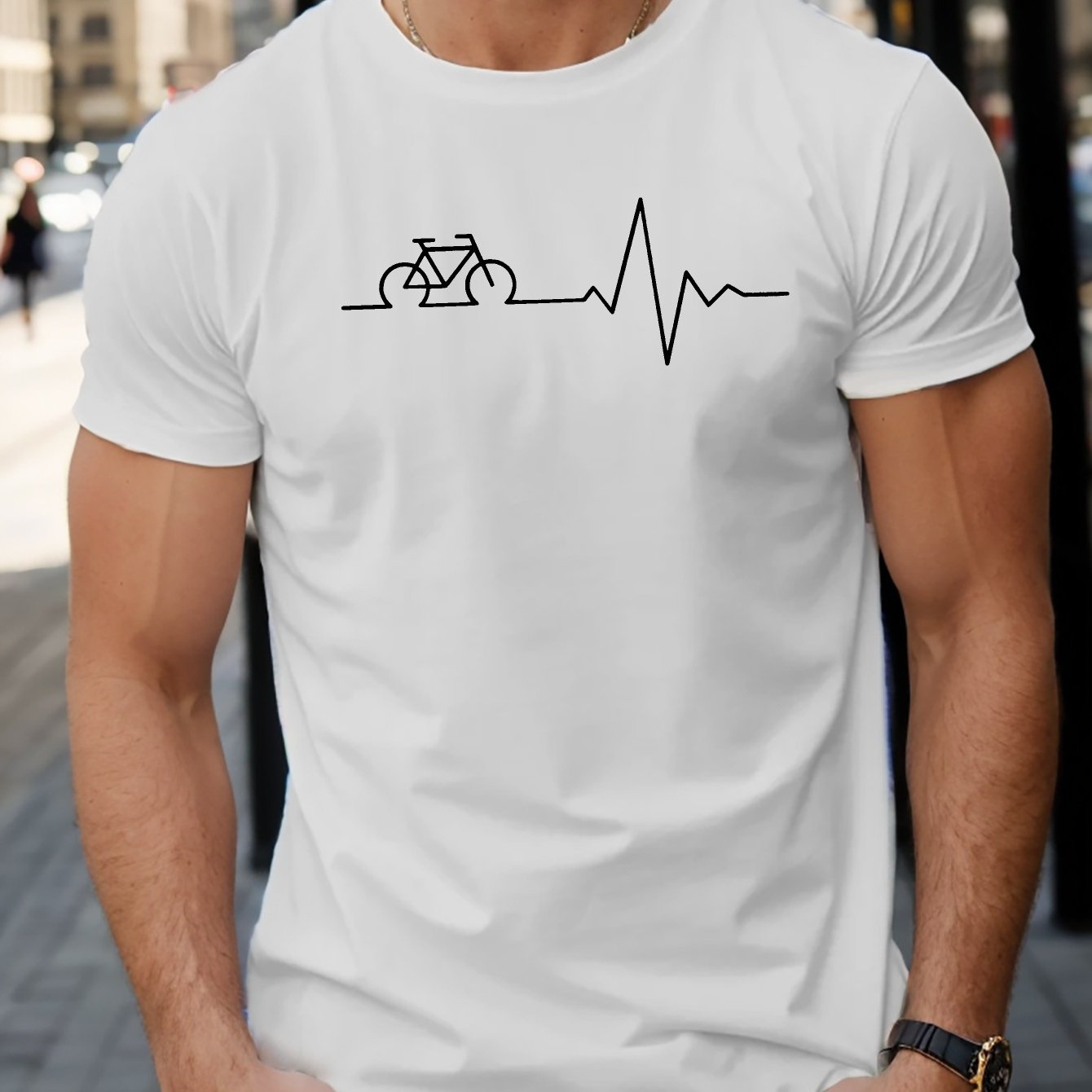 TEMU Camiseta elegante y creativa con estampado de bicicleta electrocardiograma para hombres, top casual , y a cuello de corta, adecuado para uso diario