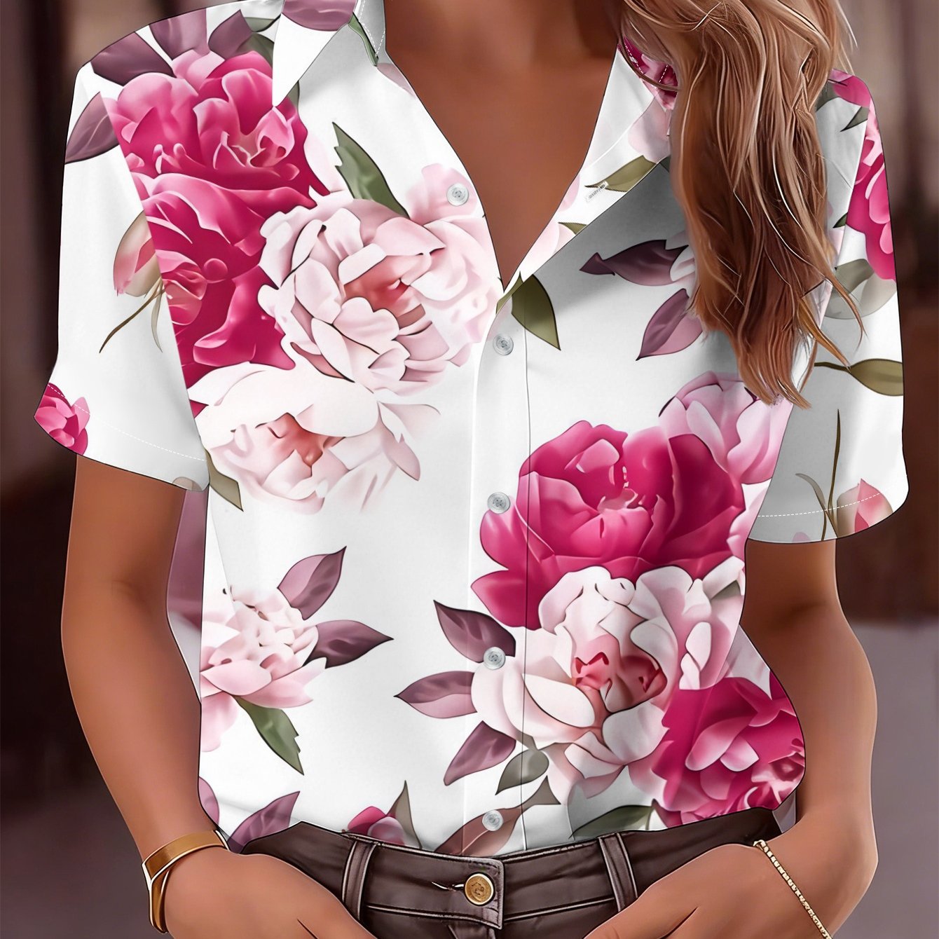 TEMU Women's Athletic Button-up Shirt, Pink White Peony And Green Leaves Seamless Pattern Short Sleeve Top