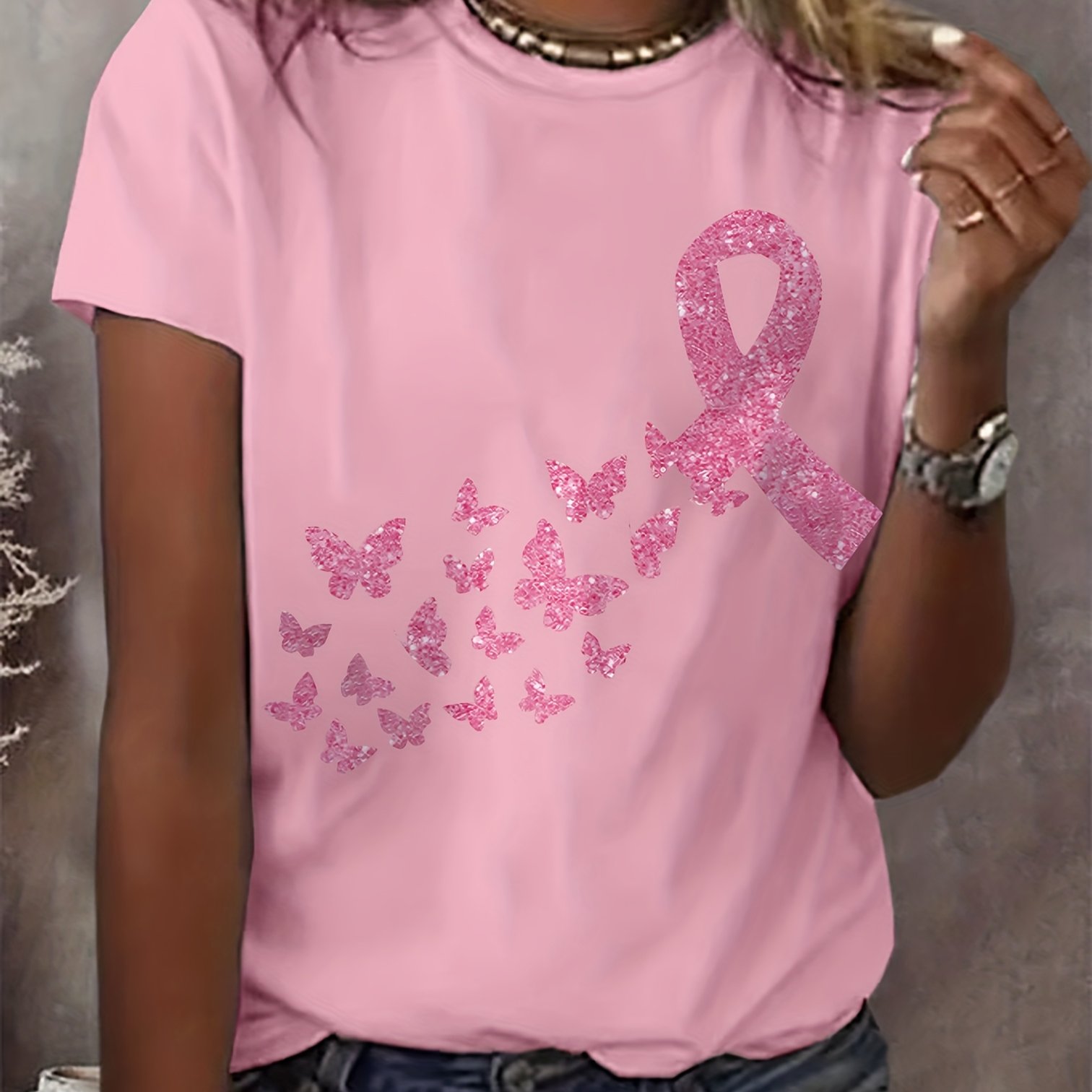 TEMU Pink October, And Pink Ribbon Breast Awareness T-shirts, Vintage Printed Tees With Breast Designs For October , Short-sleeve Round-neck Casual