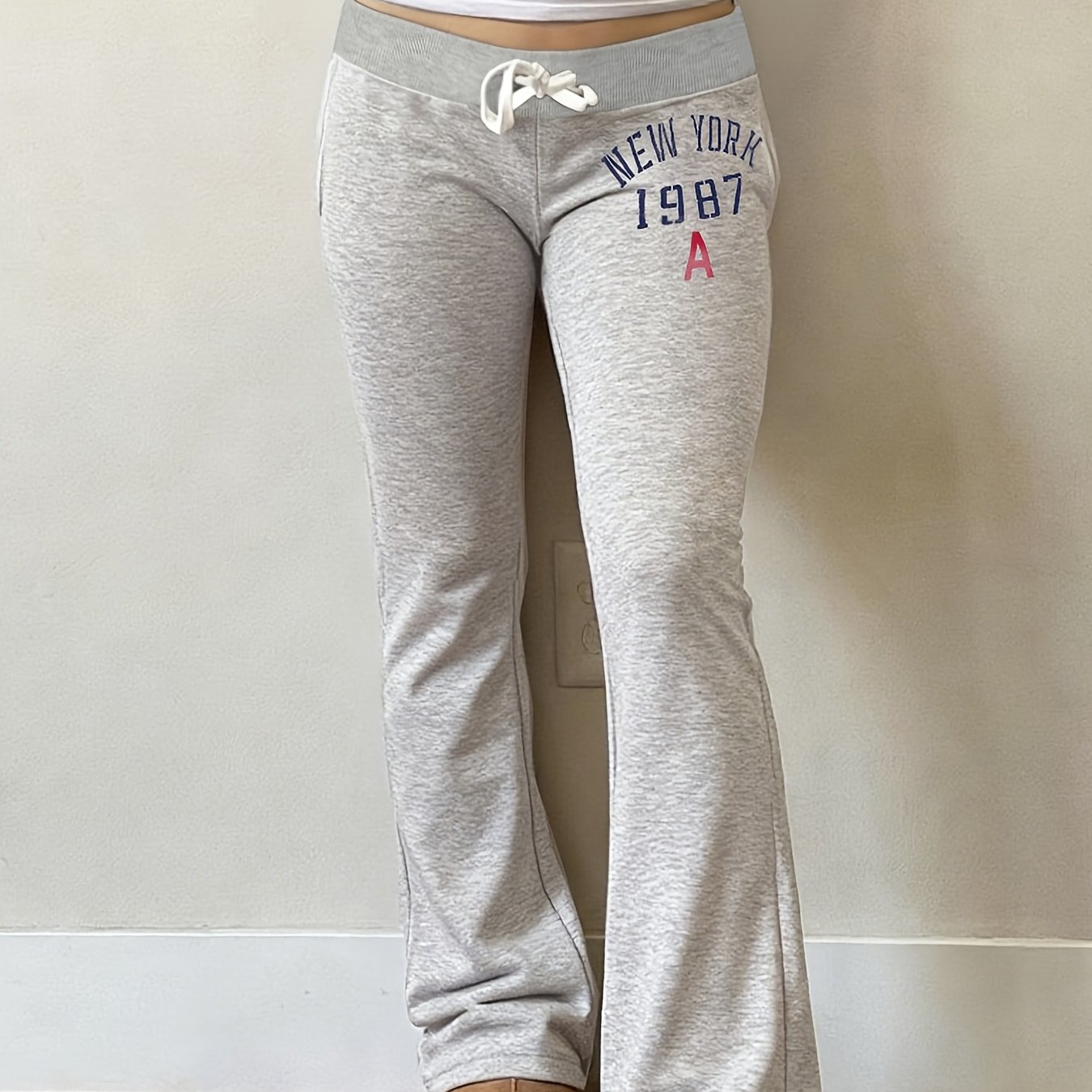 TEMU Letter Print Drawstring Low-waist Casual Trousers Spring Autumn Women's Jogging Daily Long Pants