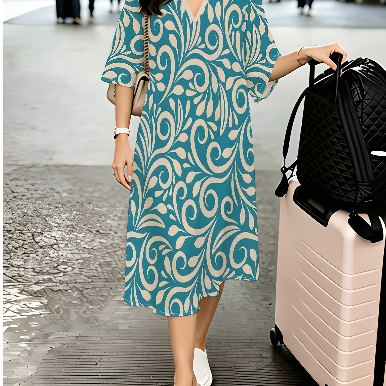 TEMU Blue Green Floral V-neck Dress