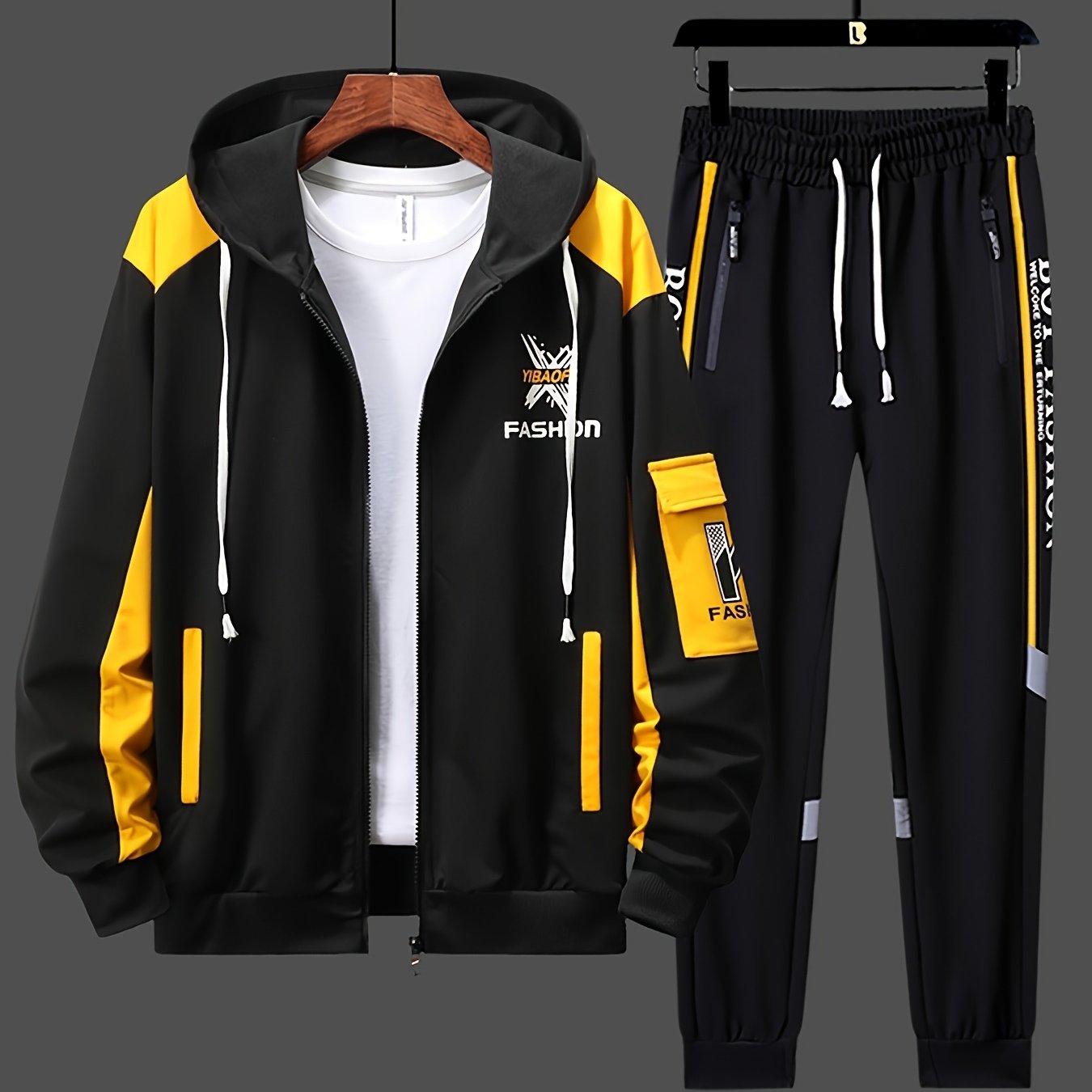 TEMU Men's 2pcs Set: Plus Size M-8xl Fashionable Casual Zip-up Cardigan Jacket And Pocket Pants, Regular Fit, Slightly Stretchy And Easy To Clean