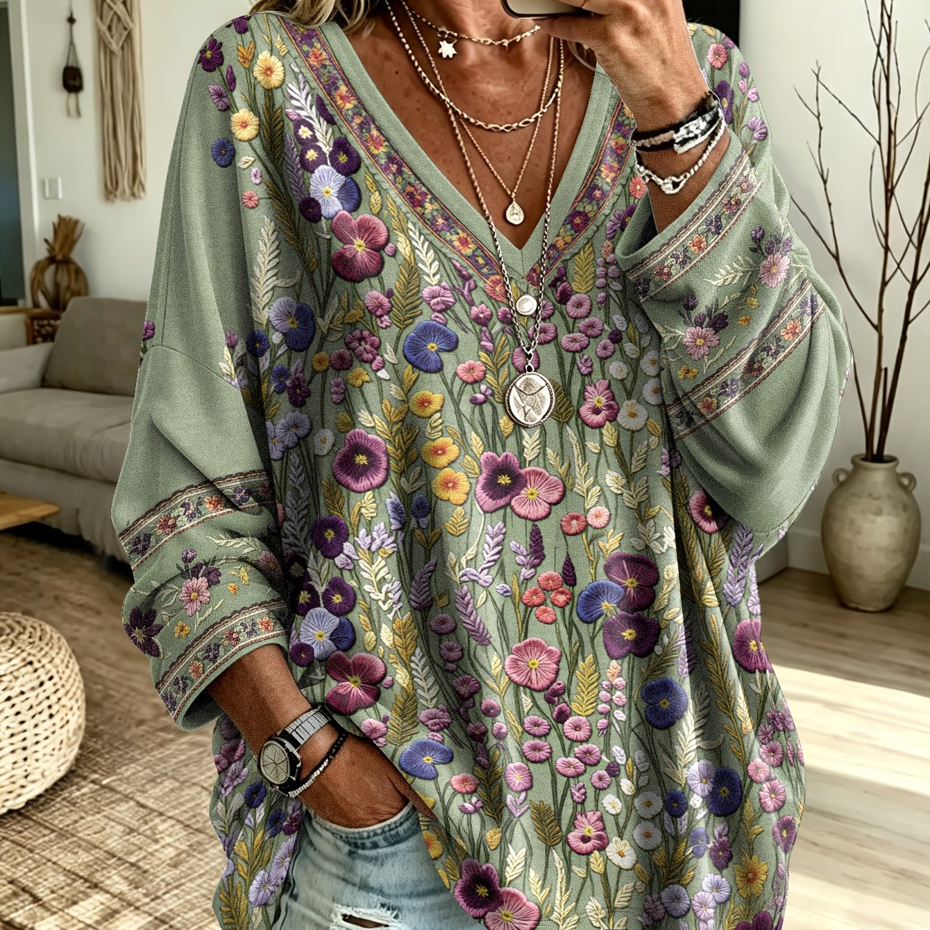 TEMU Vêtements pour femmes grandes tailles, pull en pull à col en V et manches longues avec imprimé floral de plantes de style , haut couvrant ,
