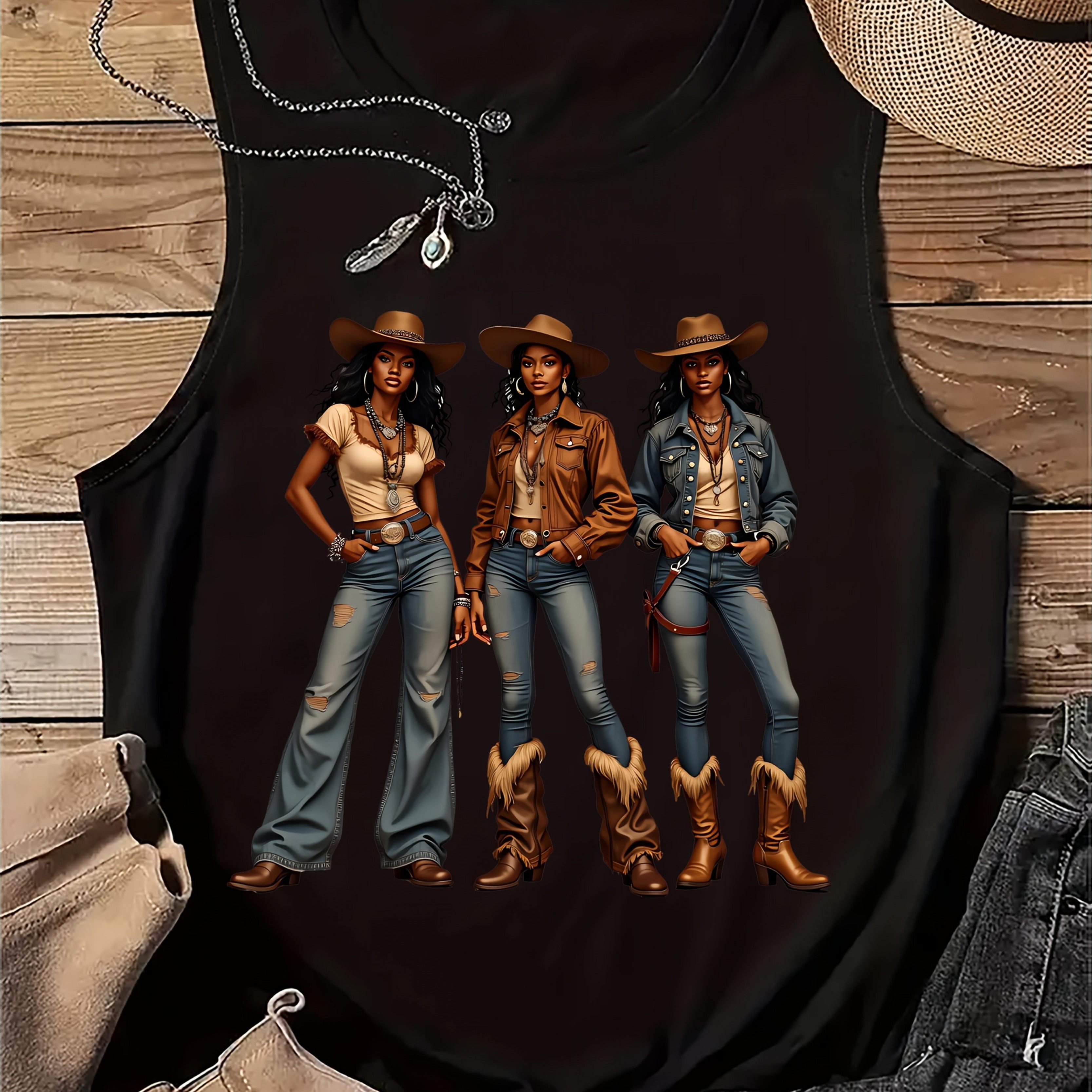 Western Pattern Printed Versatile Minimalist Tank Top, Casual Crew Neck, Sleeveless, Suitable For Women, And Summer