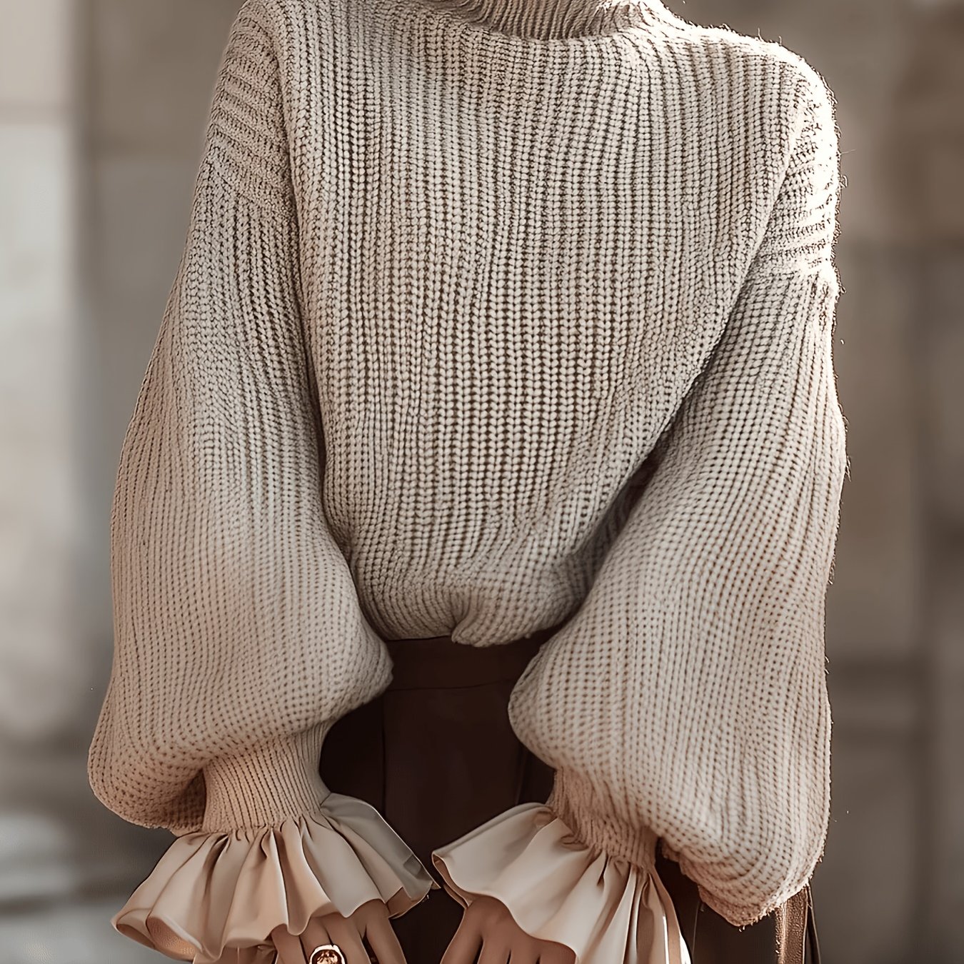 TEMU Light Luxury Ruffle Cuff High Neck Sweater For Women, Autumn/winter, Thick Ribbed Lantern Sleeve Relaxed Top