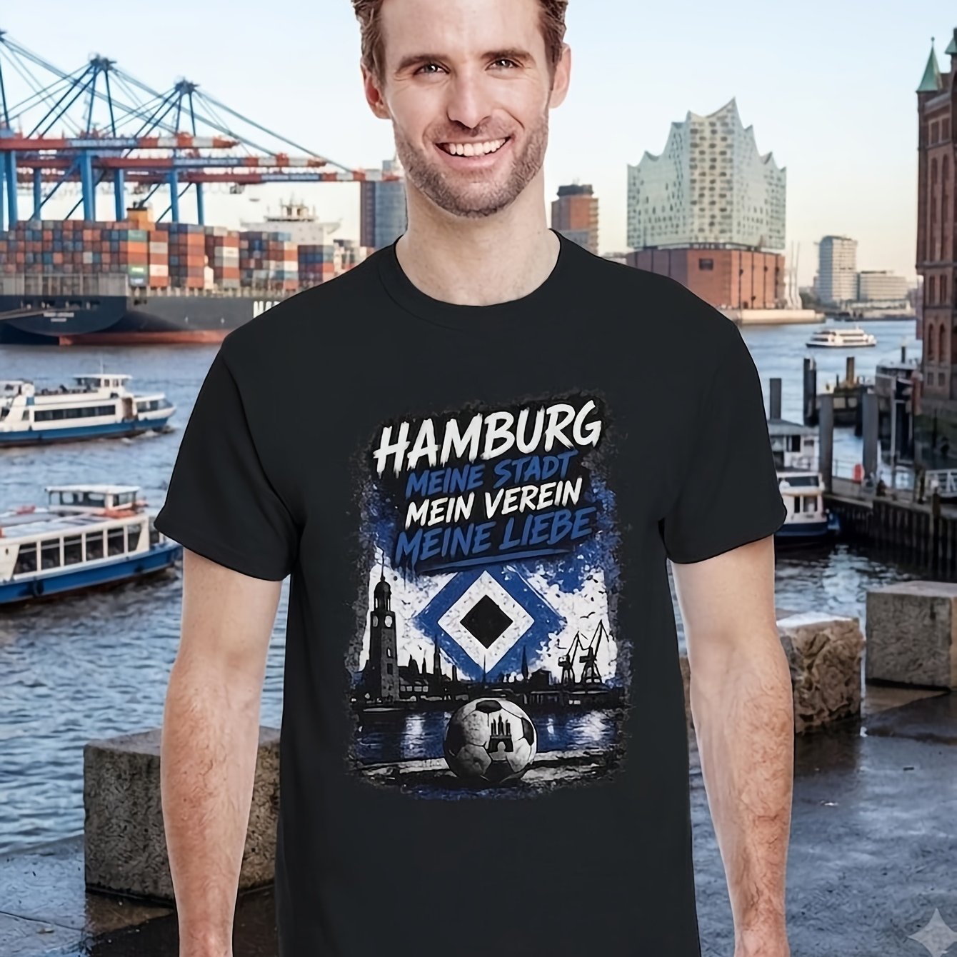 My City Diamond Logo Soccer Grunge German Text Front Local Football Fan Men's T-shirt Short Sleeves Round Neck Black