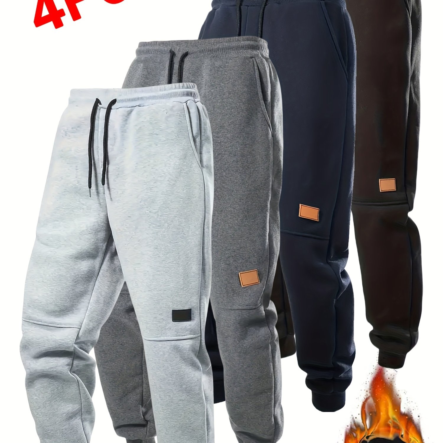 Image of 4pcs Men's Warm Velvet Sports Pants - Soft Fabric, Drawstring Waist Design - Machine Washable Sports Pants, Casual Sportswear, , Running Pants, Fitness Essential