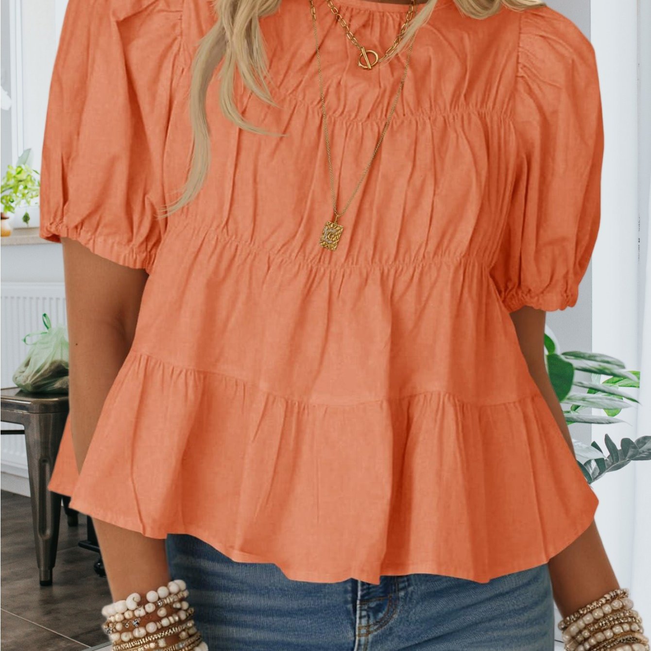 Image of Womens Puff Sleeve Peplum Babydoll Tops Summer Smoked Pleated T-shirts Casual Loose Fit Flowy Blouse