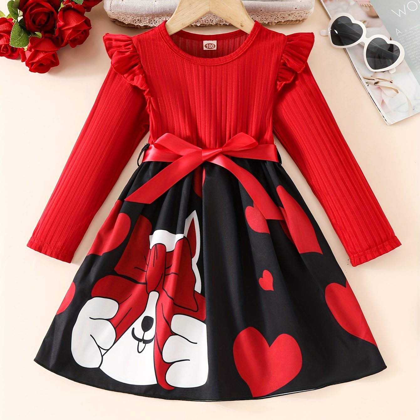 Image of Girls' Long Sleeve Bow Cute Cat Heart Print Princess Dress, Dress