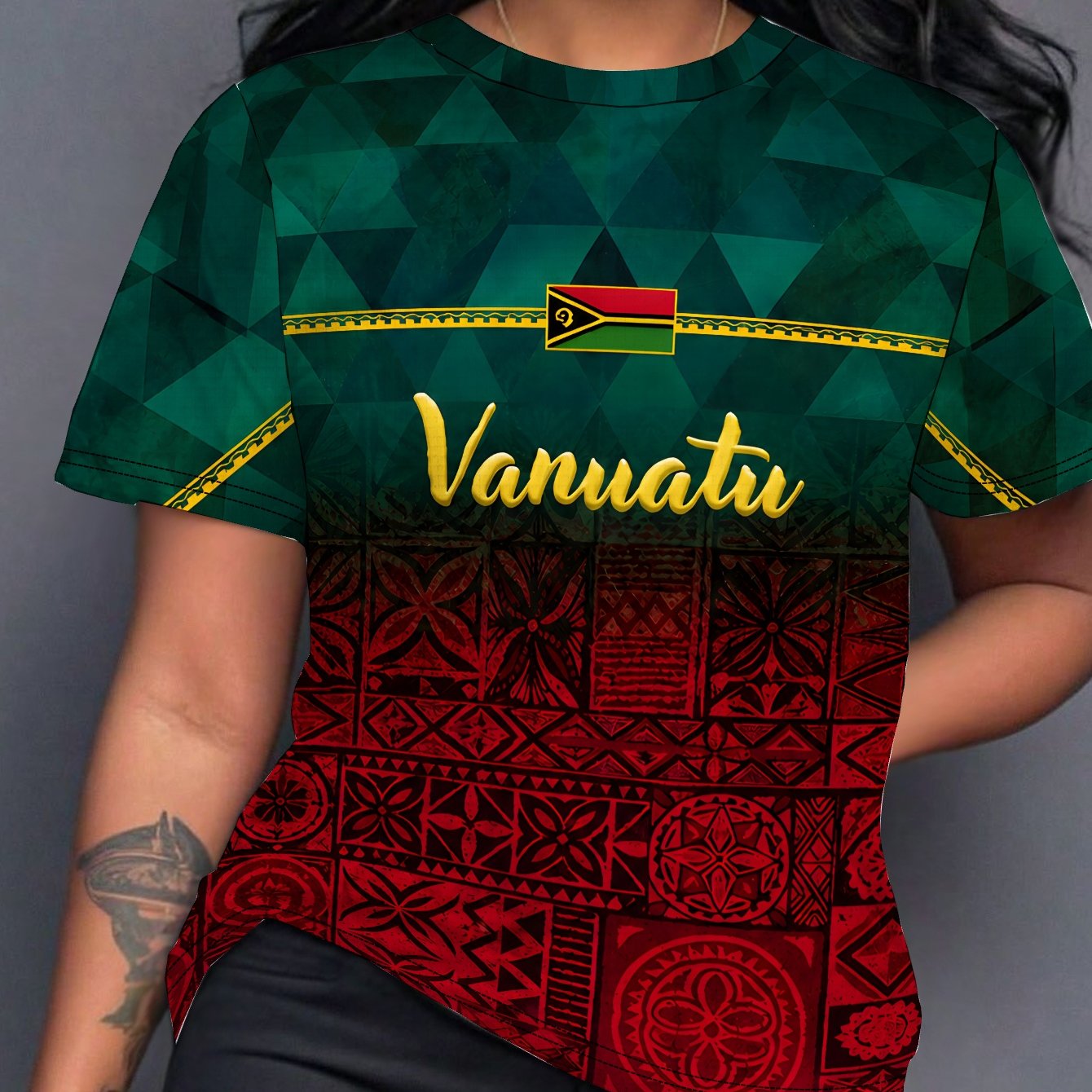 TEMU Vanuatu Flag Themed Tribal Pattern Summer Women Short Sleeve T-shirt, Full-print Digital Graphic Printed Tee