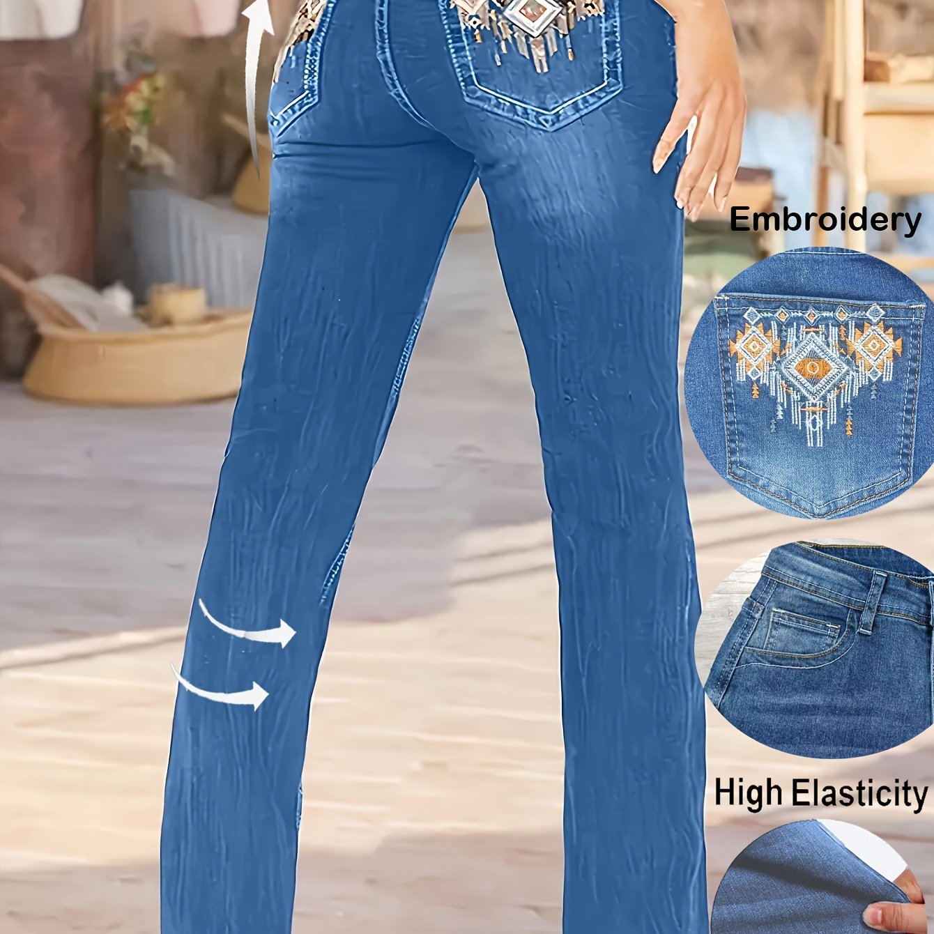 Image of Embroidered Women's Stretchy Denim Long Pants