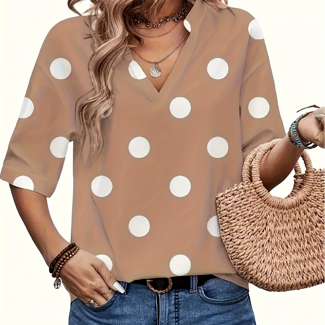 TEMU Print Beige Polka Dot V-neck Blouse For Women - Chic Half Sleeve Top, 100% Polyester, Machine Washable - Ideal For Spring/summer/fall