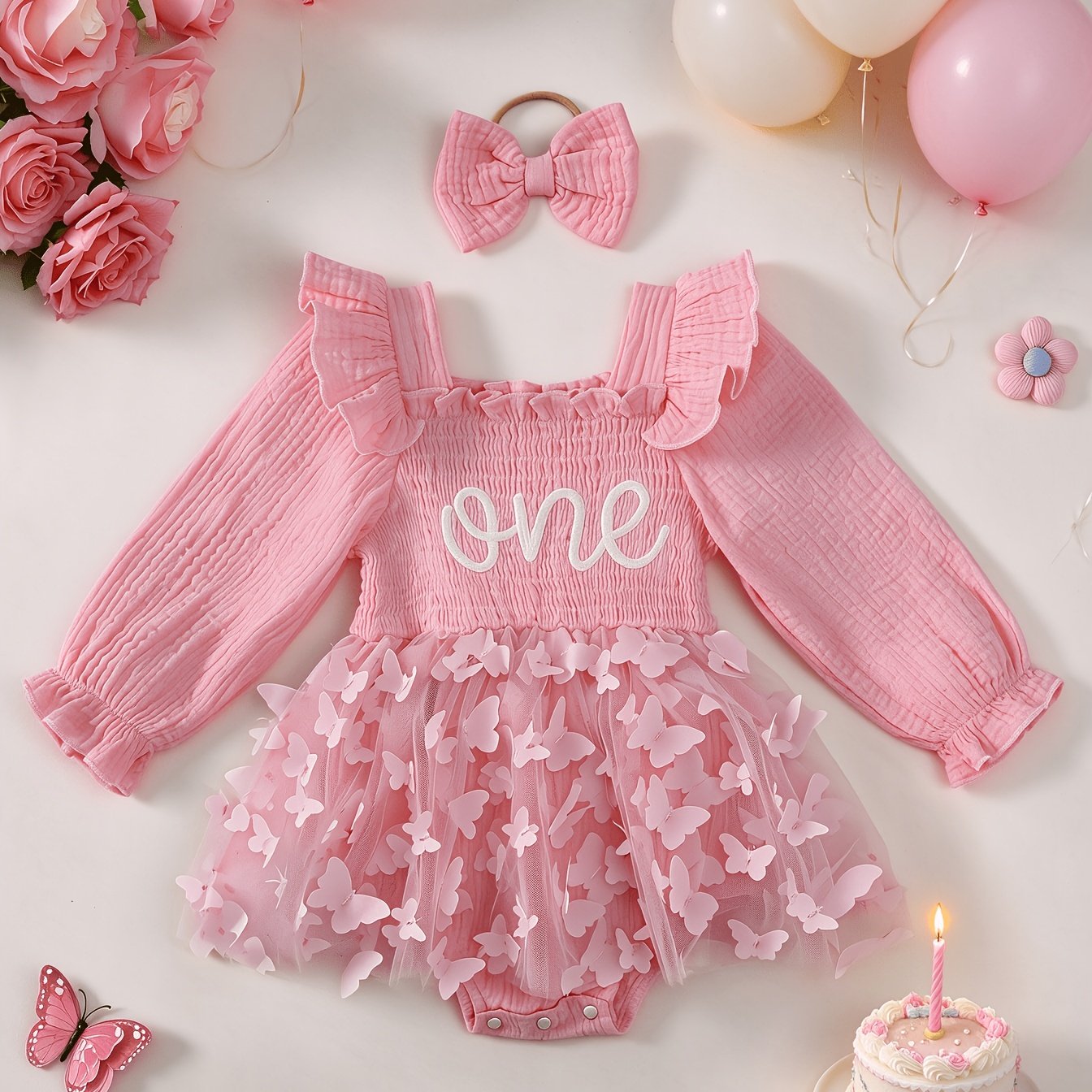 Image of Girls' Elegant Long-sleeve Strapless Ruffle Dress With Tulle Skirt, Towel Embroidery, Tulle With Laser-cut Butterflies