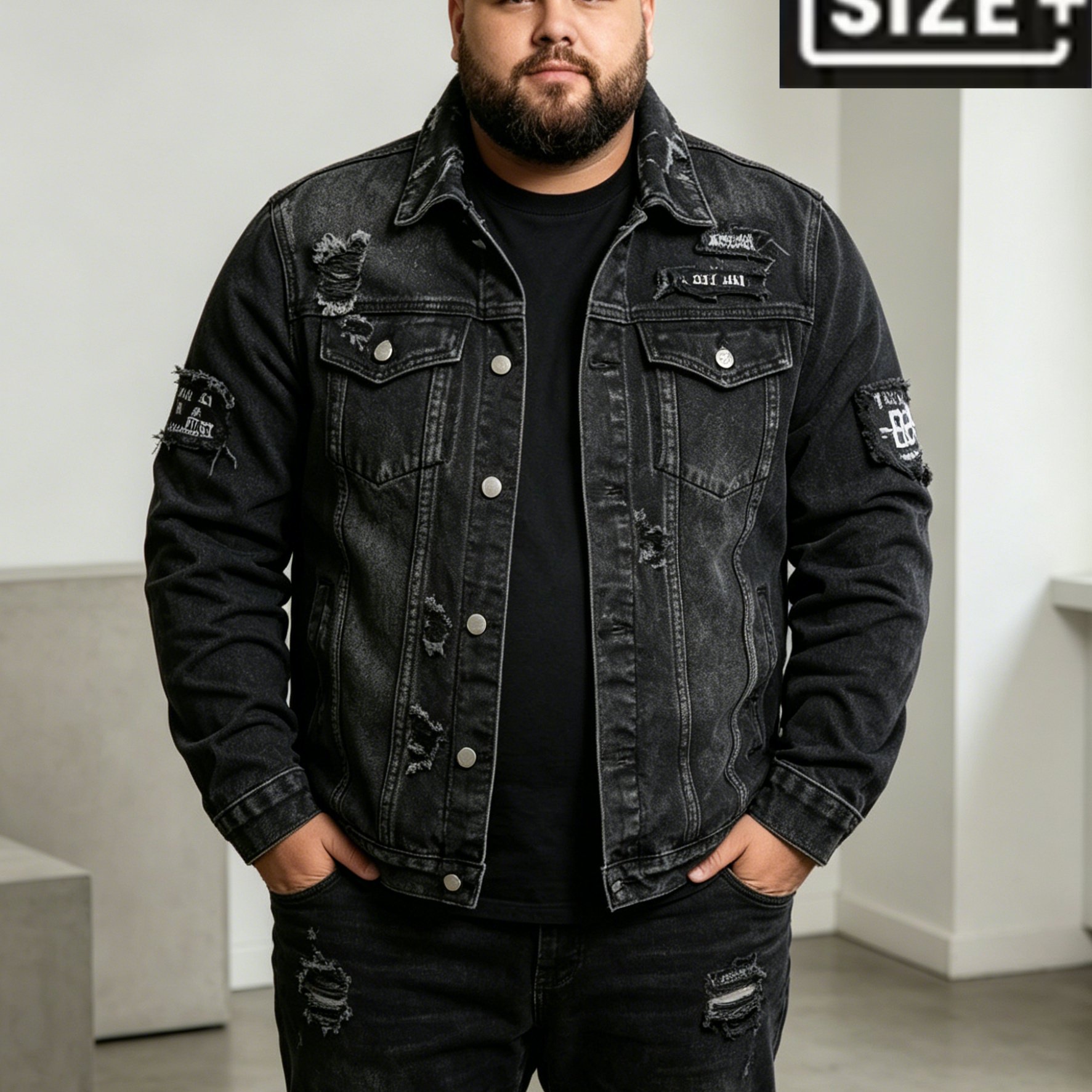 Image of [allsro]y107 Plus Size Men's Vintage Black-gray Ripped Denim Jacket, Decorated With Unique Letter Patches On , Retro Washed& With Multiple Frayed Ripped Details, Streetwear For Trendy Men, Plus Size