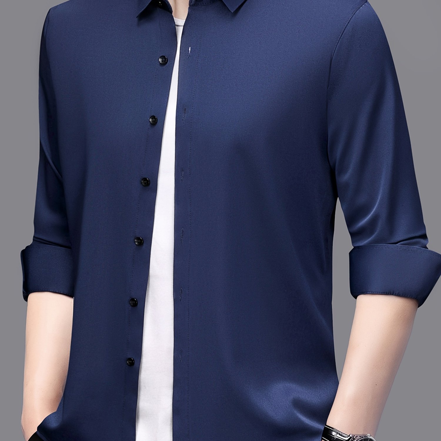 TEMU Spring/autumn 's Clothing Solid Color Business Casual Long Sleeve Shirt Men's No-pocket Lapel Single-button Dress Shirt