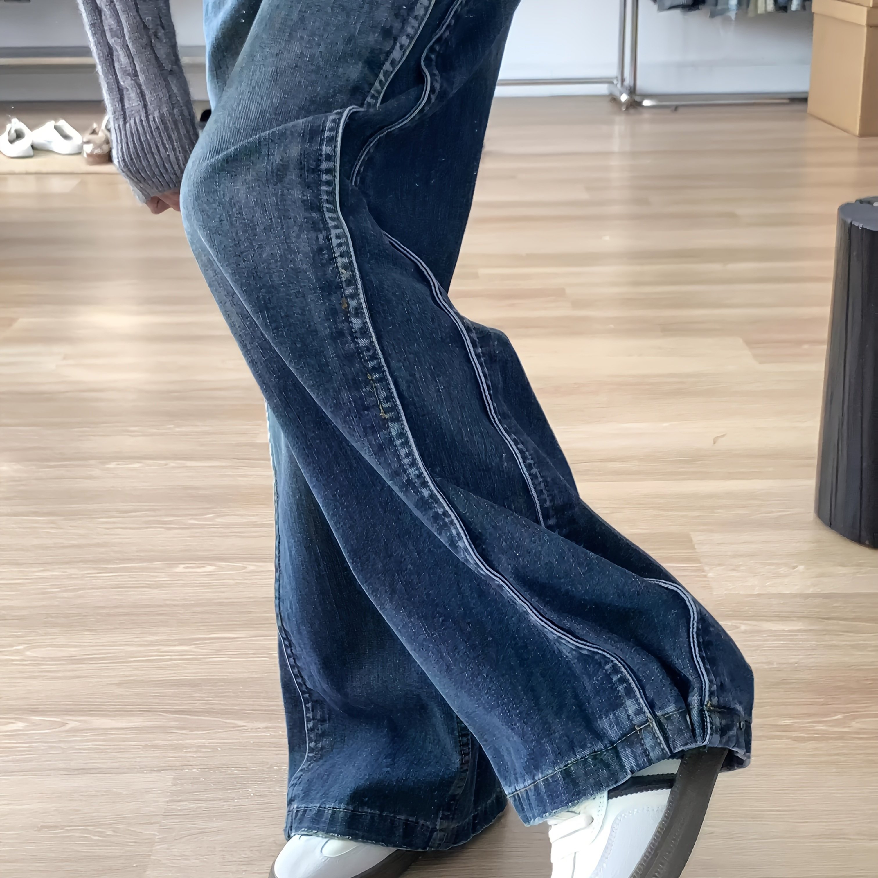 TEMU レディース ハイウエスト ワイドレッグ ジーンズパンツ - 韓国風 ヴィンテージ ルーズフロアレングス ストレートレッグカット - カジュアル＆ドレッシーなネートに最適 (洗濯機対応)