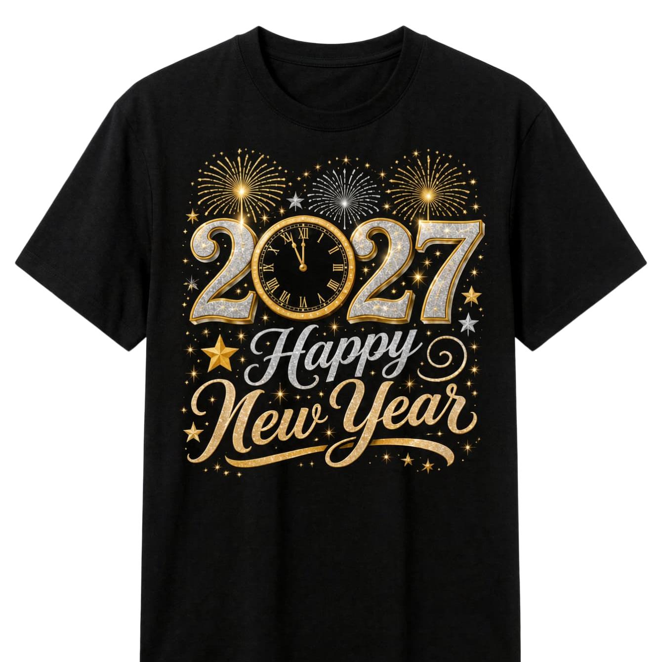 TEMU 2027 New Year Luxury Glitter Style Men's T-shirt, Clock Firework Stars Happy New Year Text Graphic, New Year's Eve Party Group Wear, Comfortable