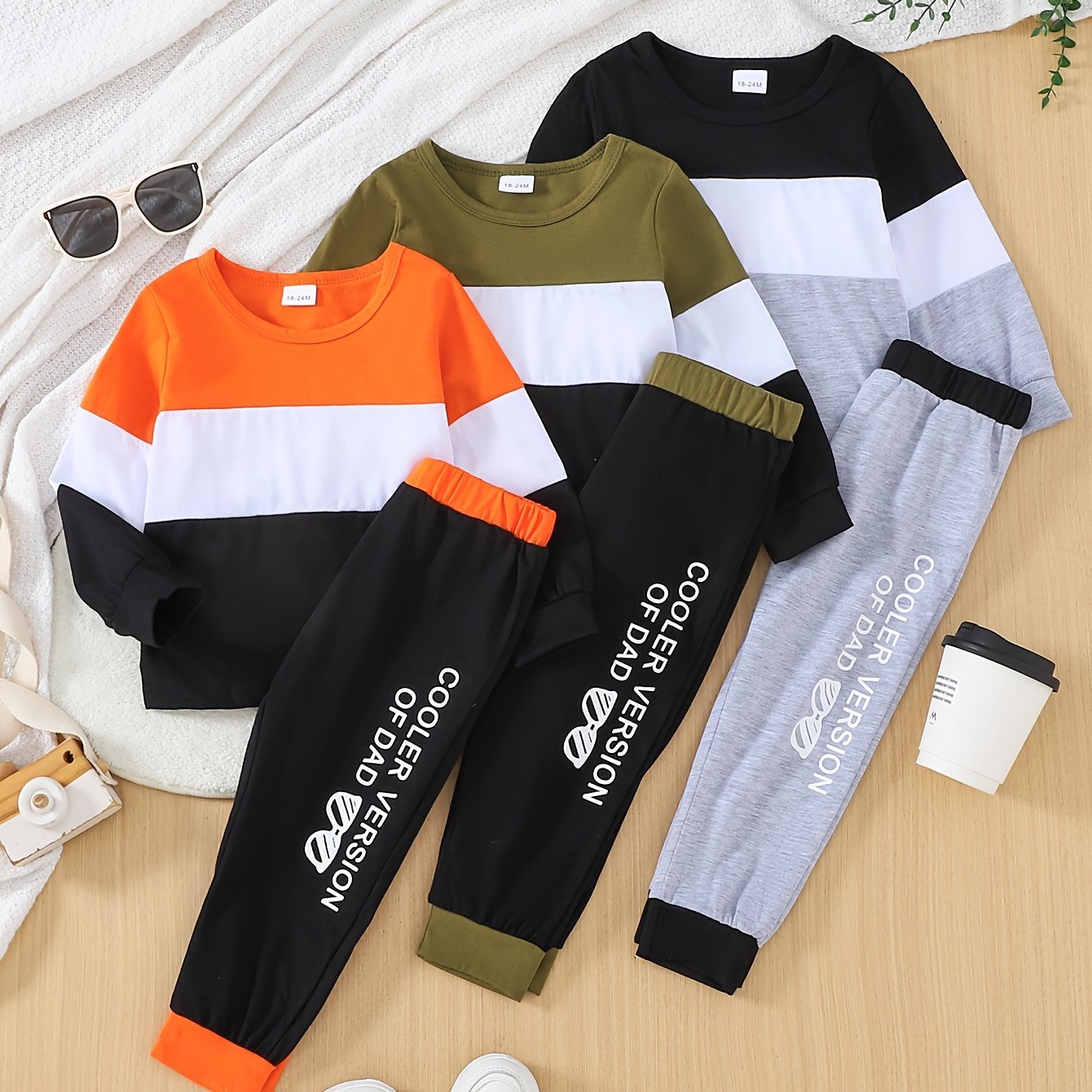 Boys' Color-block Long Sleeve Crew Neck Sweatshirt & Elastic Waist Letter Pants For Spring/autumn, Perfect For Outdoor