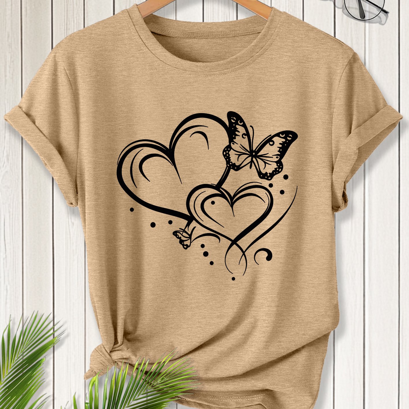 TEMU Women's Summer Clothing, Heart Round Neck Short Sleeve Plus Size Friendly Women's T-shirt, Fashion Vacation Daily All-match Fashion Retro