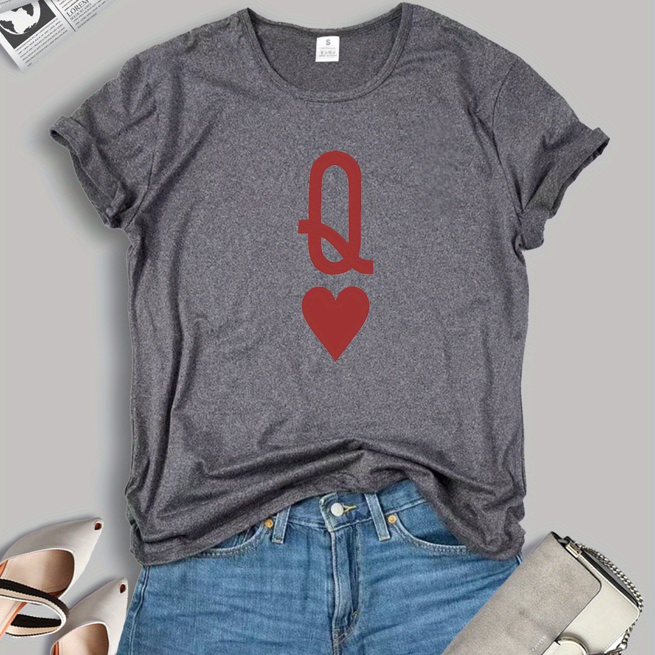 TEMU 1pc Women's Queen Of Hearts (qh) Print T-shirt - Short Sleeve Round Neck Casual Blouse With Qh Card Design, Machine Washable Top For Casual