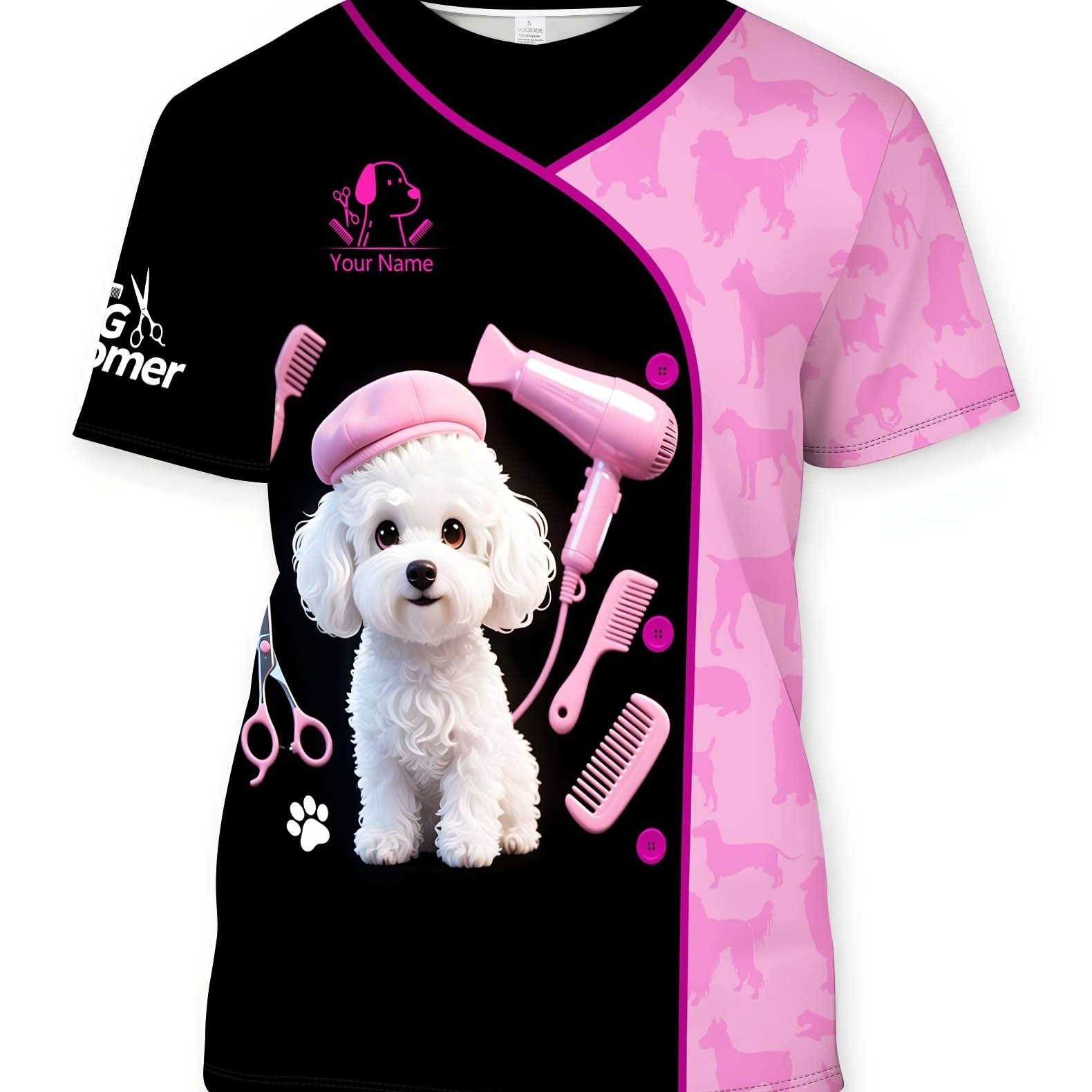 TEMU [custom] Name Custom Printed Round Neck Short Sleeve T-shirt, Animal Print T-shirt, , Pet Groomer Casual Elegant T-shirt, Casual Party Outfit,