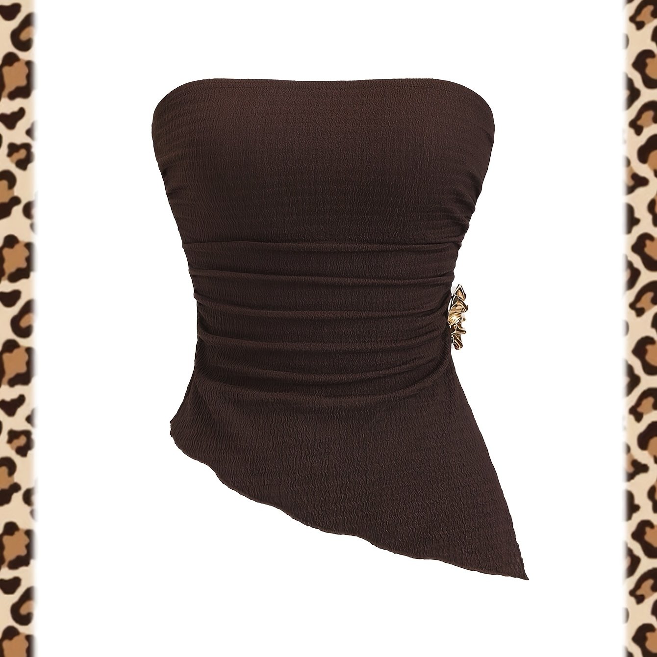 TEMU New Summer Women's Vintage Dark Brown Bandeau Top With Textured Fabric   Metal Waist Cinching And Irregular Hem Cropped Vest
