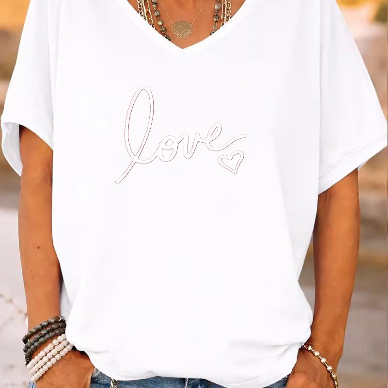 TEMU Plus Size Women's V-neck Loose Short Sleeve T-shirt, Minimal Cursive Love Small Heart Easy Graphic Casual Tee