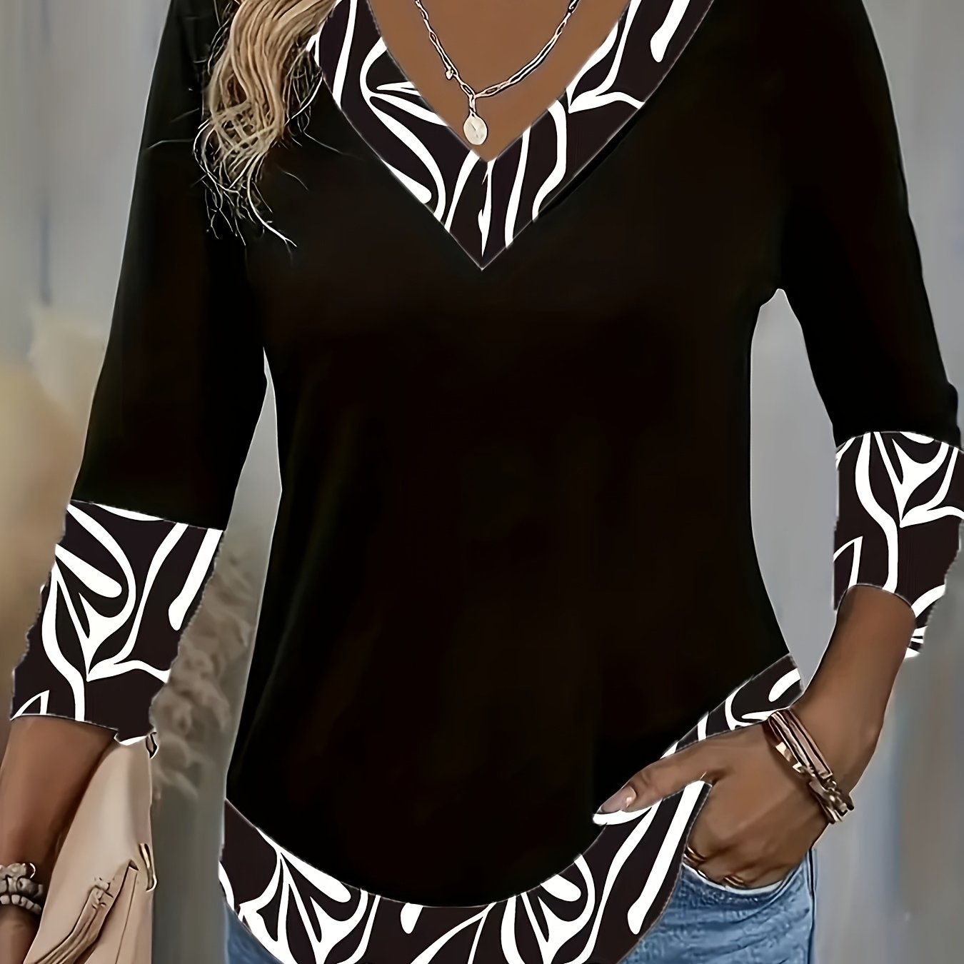 E-shop Damen Frühjahr/Herbst Dreiviertelarm Colorblock Modisches Elegantes T-Shirt Oberteil