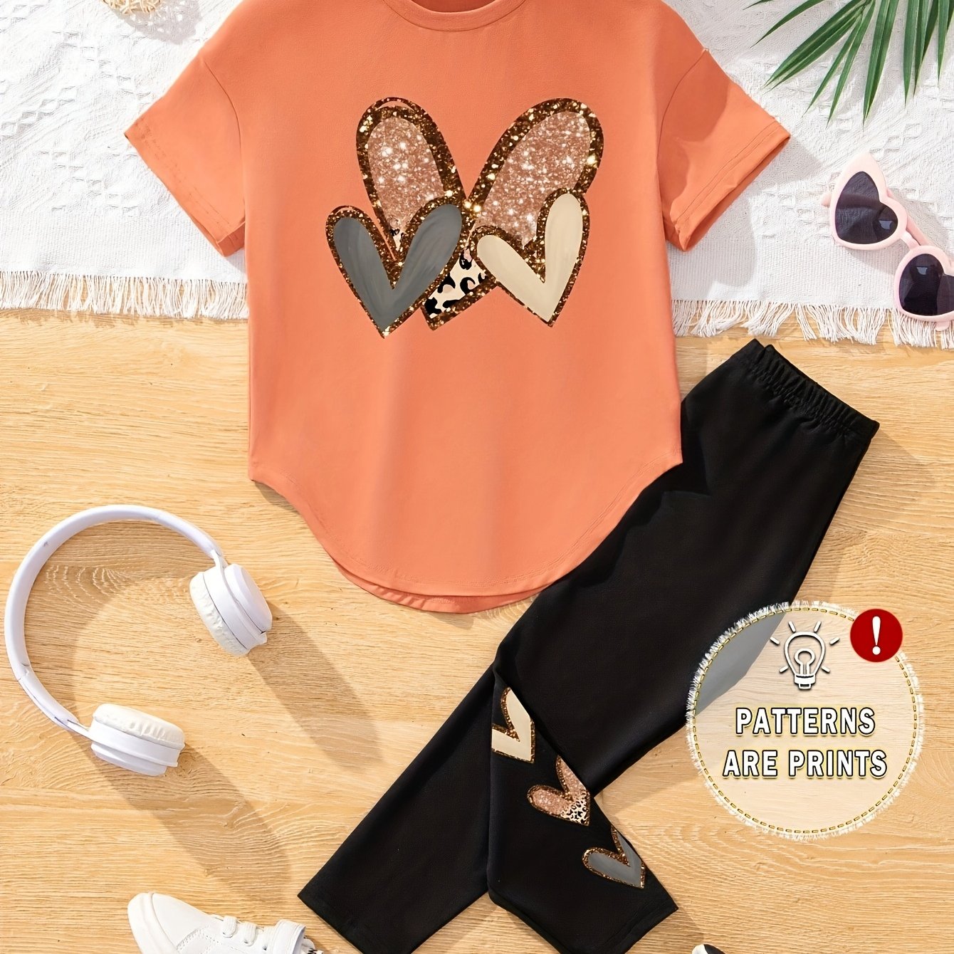 TEMU Big And Medium Girls -shaped Pattern Irregular Short-sleeved Top   Slim-fit Leggings Summer Girls' Daily Casual Outdoor Wear, For Outdoor