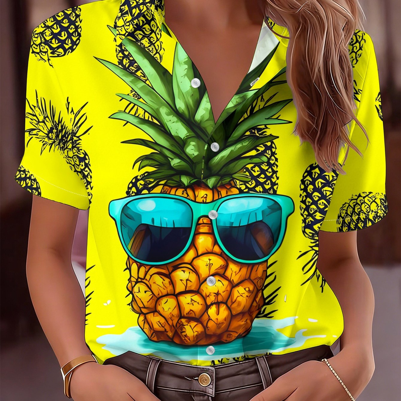 TEMU Women's Casual Short Sleeve Shirt, Yellow Background With Pineapple Pattern, Mid-section Pineapple Wearing Blue Glasses, Vacation-like Design,