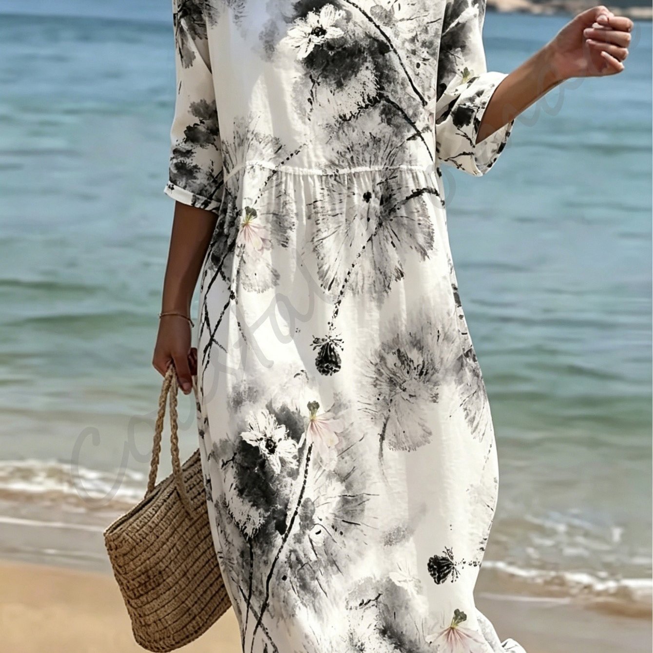 Image of Women's Summer Beach Round Neck Dress, Made Of Polyester Fabric, Decorated With 2d Three-dimensional Print. Style, Suitable For And Parties.