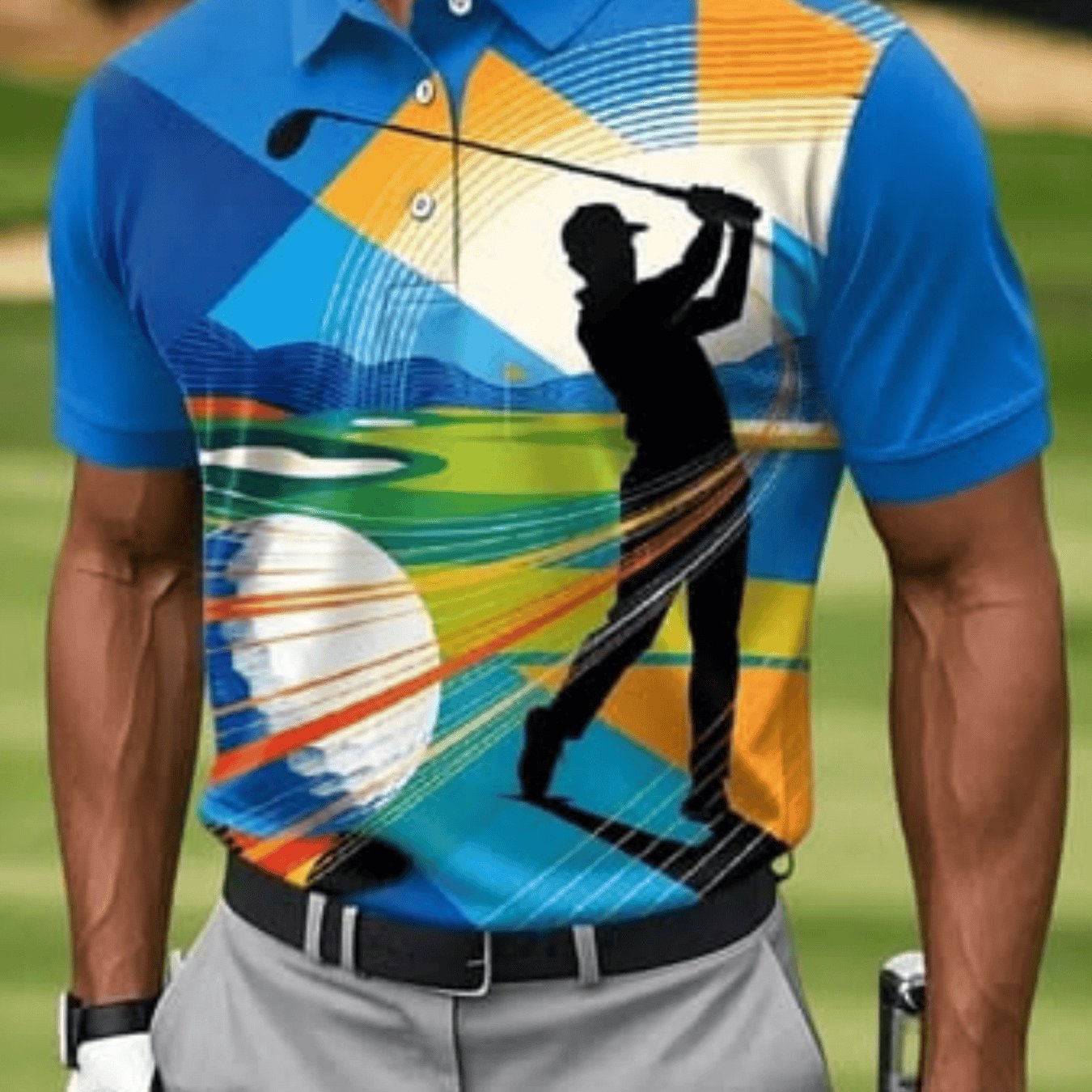TEMU Men's Casual Sport Short-sleeve Golf Shirt, Geometric Stripes And Golf Pattern Print, Machine Washable Fabric, Breathable Regular Fit, Suitable