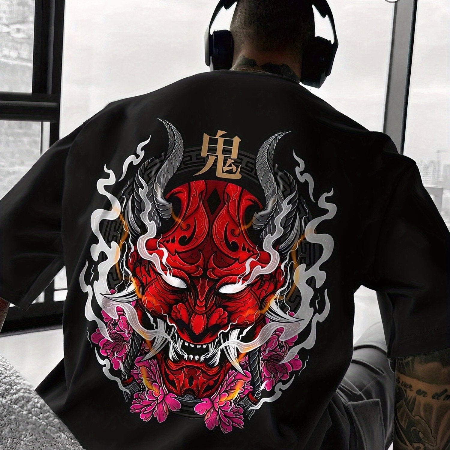 TEMU Men's Japanese Oni Mask T-shirt - 180gsm And Face And Japanese Demon Print, Loose Fit Round Neck Casual And Cosplay Costume Shirt For Themed