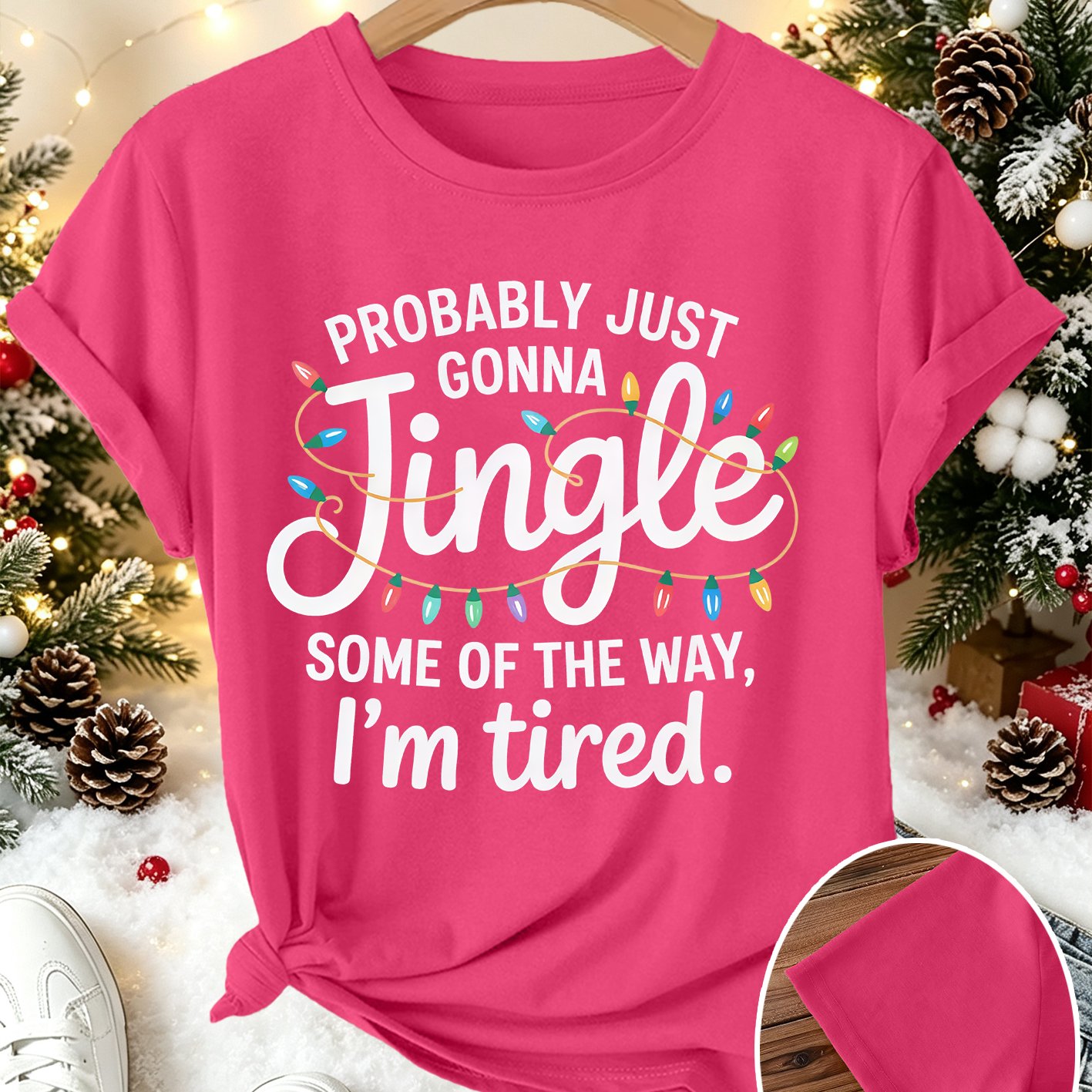 TEMU Women's Elegant Short-sleeve Christmas String Lights Line Art " Just Gonna Jingle Some Of The Way, I'm Tired." Printed Crew Neck T-shirt.
